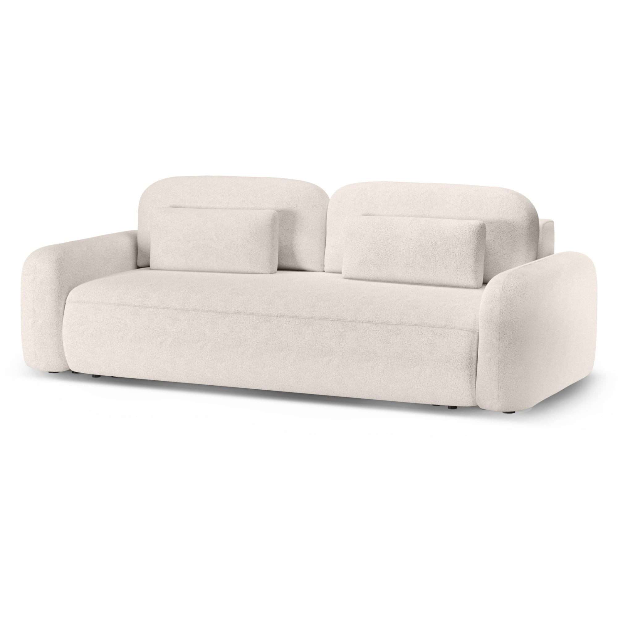Sofa z funkcją spania i pojemnikiem Hoschi, kremowa, boucle, obłe kształty