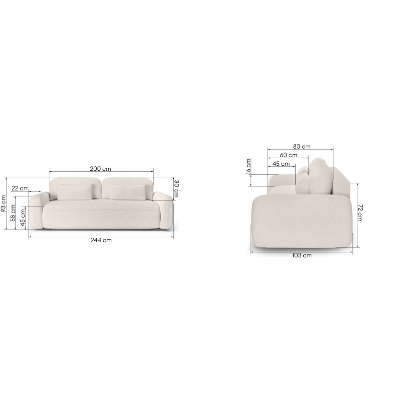 Sofa z funkcją spania i pojemnikiem Hoschi, kremowa, boucle, obłe kształty