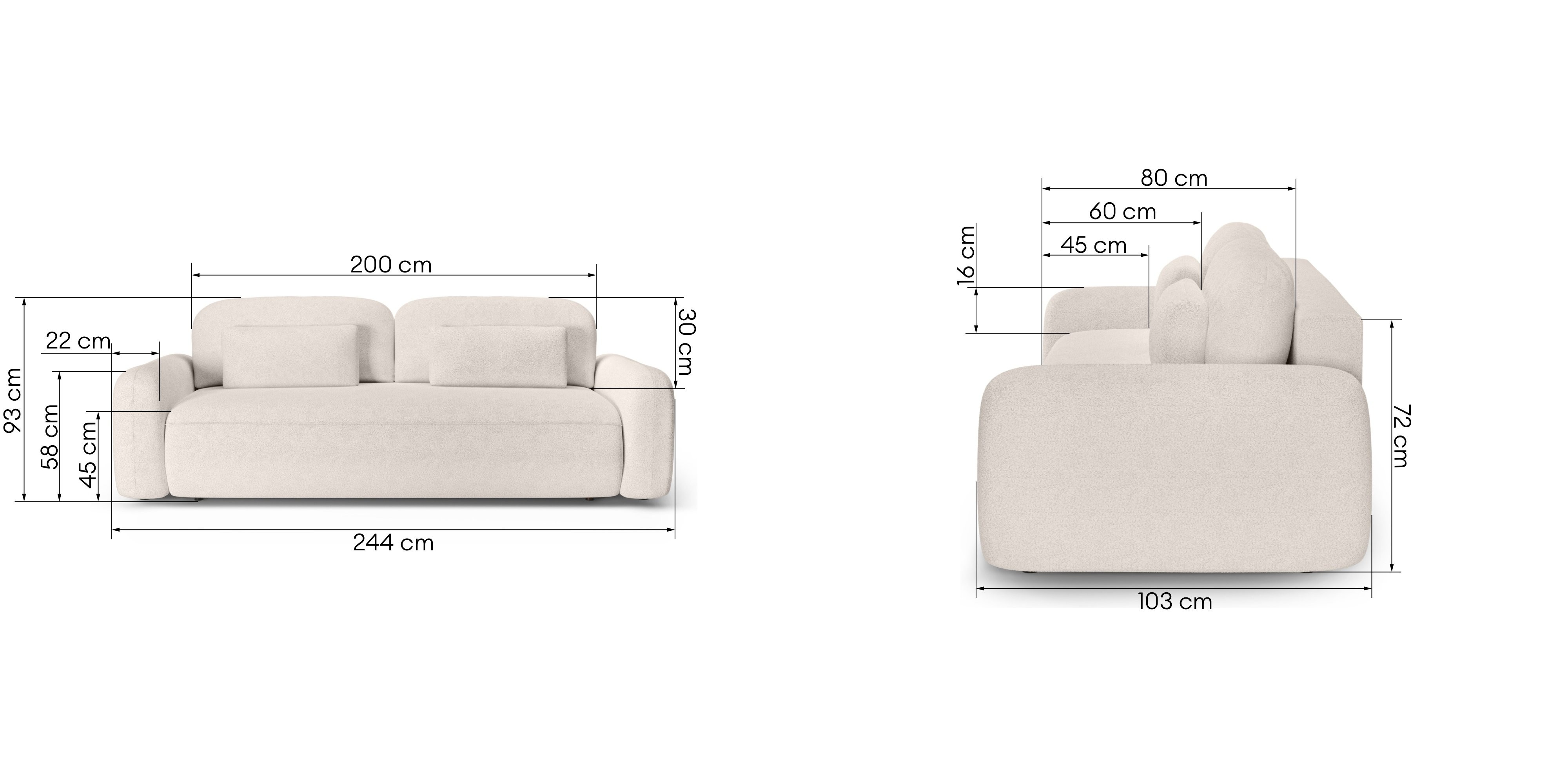 Sofa z funkcją spania i pojemnikiem Hoschi, kremowa, boucle, obłe kształty