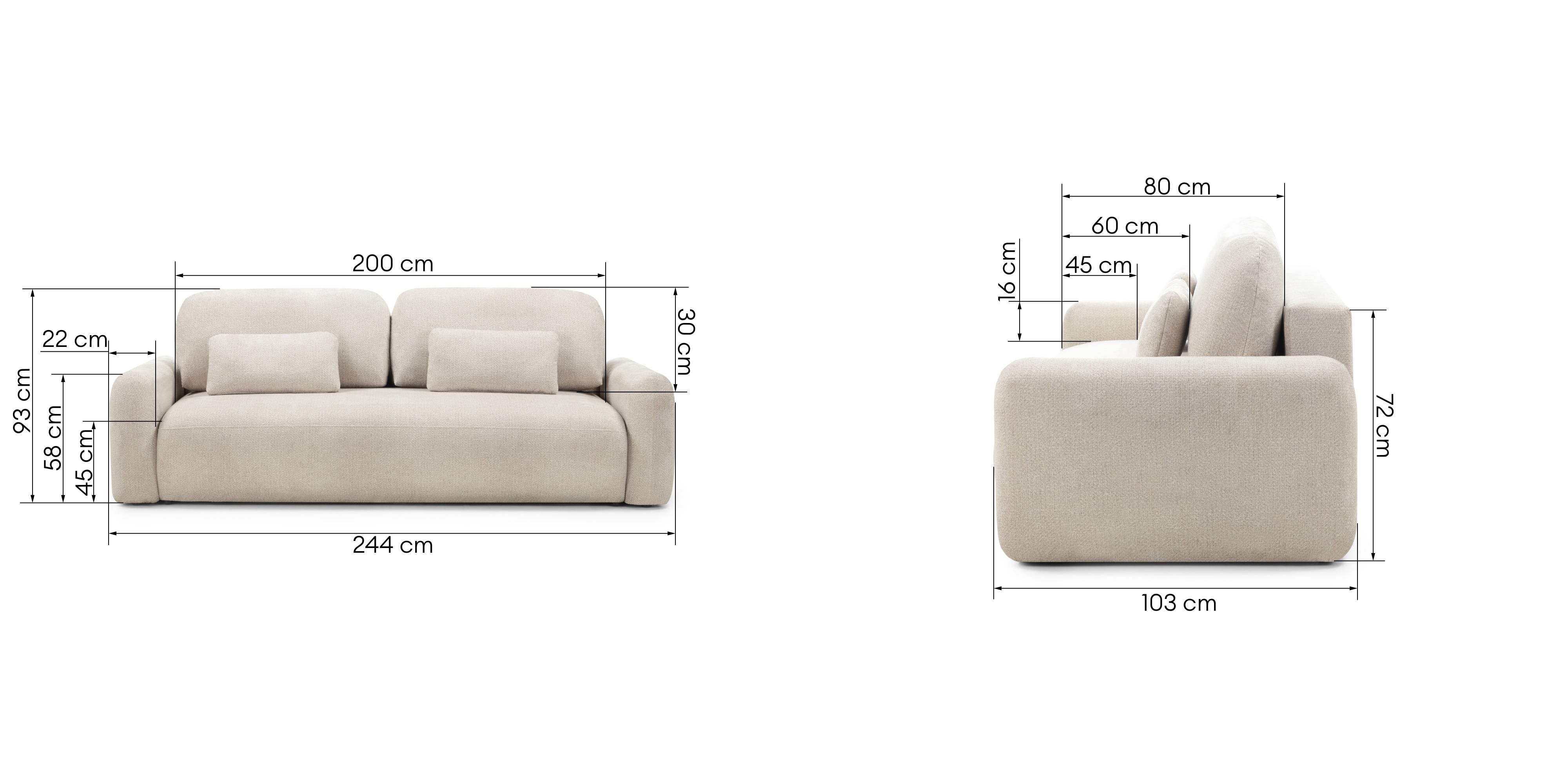 Sofa z funkcją spania i pojemnikiem Hoschi, jasnobeżowa, obłe kształty
