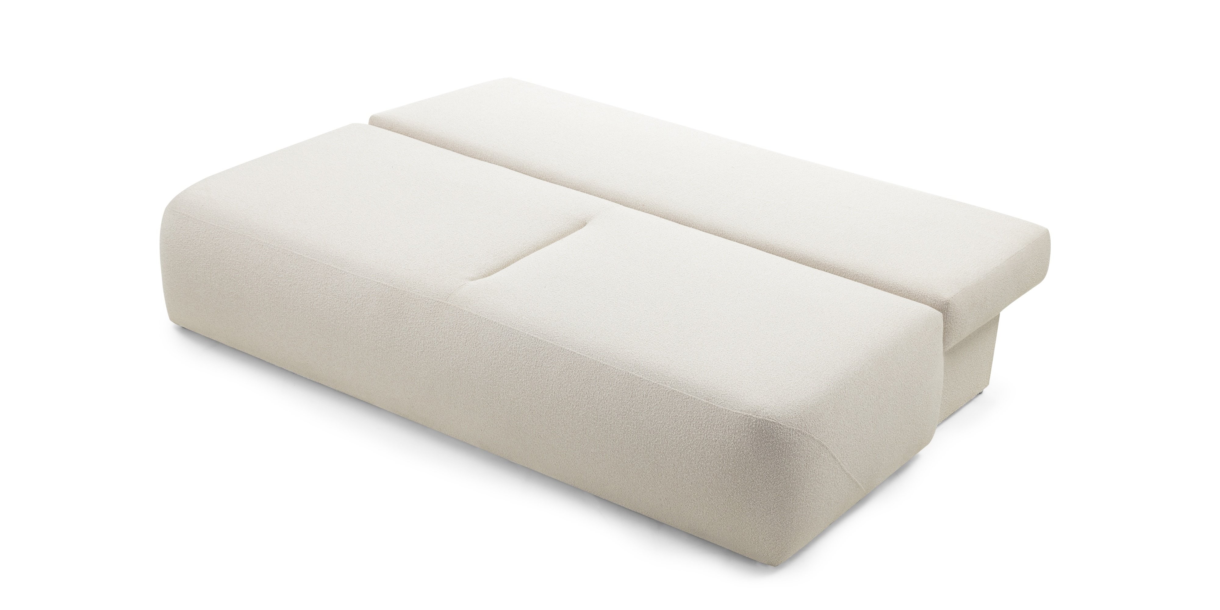 Sofa z funkcją spania i pojemnikiem Liva, jasnobeżowa, boucle, obłe kształty