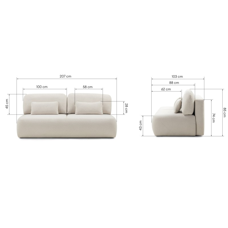 Sofa z funkcją spania i pojemnikiem Liva, jasnobeżowa, boucle, obłe kształty