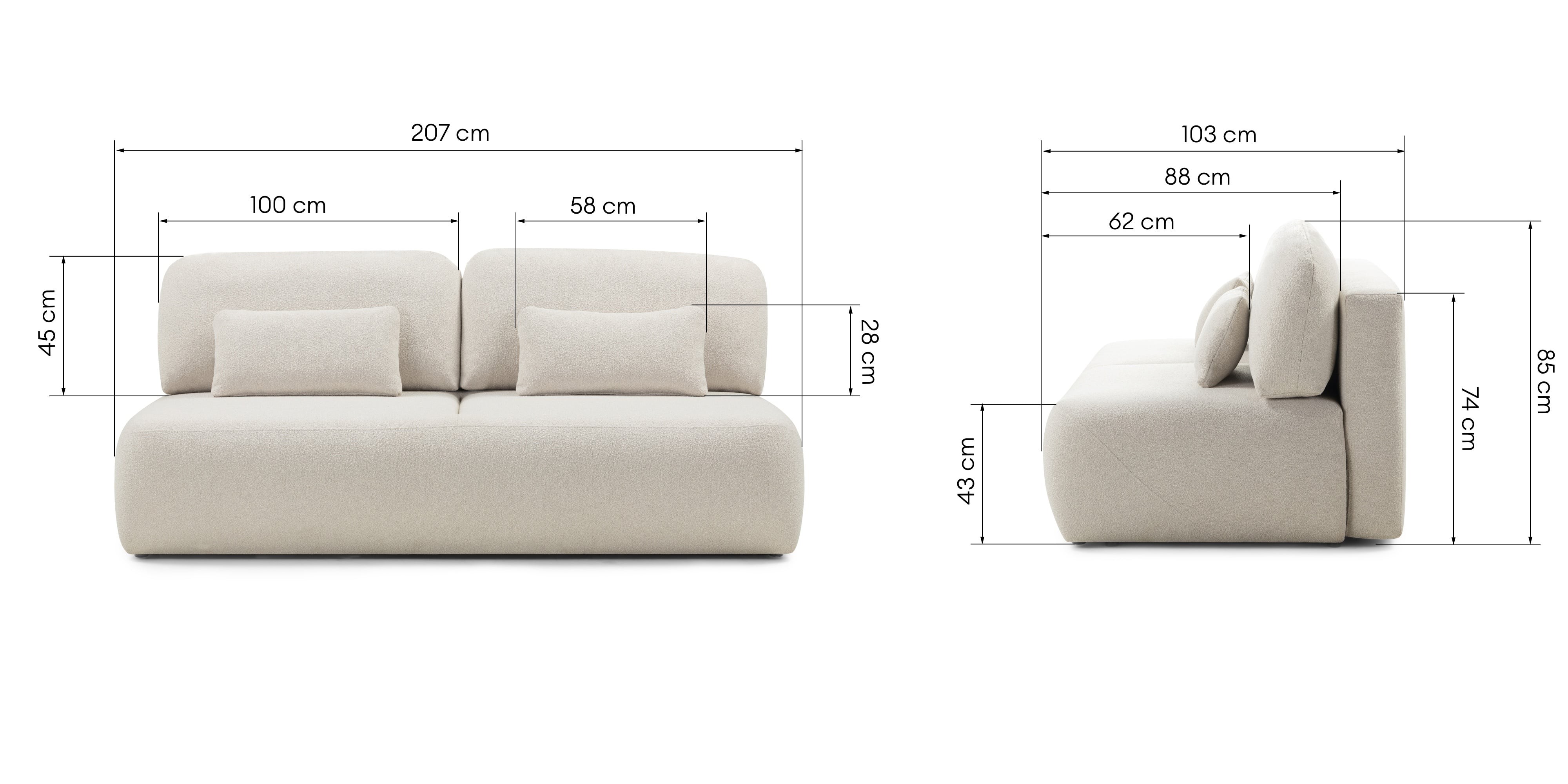 Sofa z funkcją spania i pojemnikiem Liva, jasnobeżowa, boucle, obłe kształty