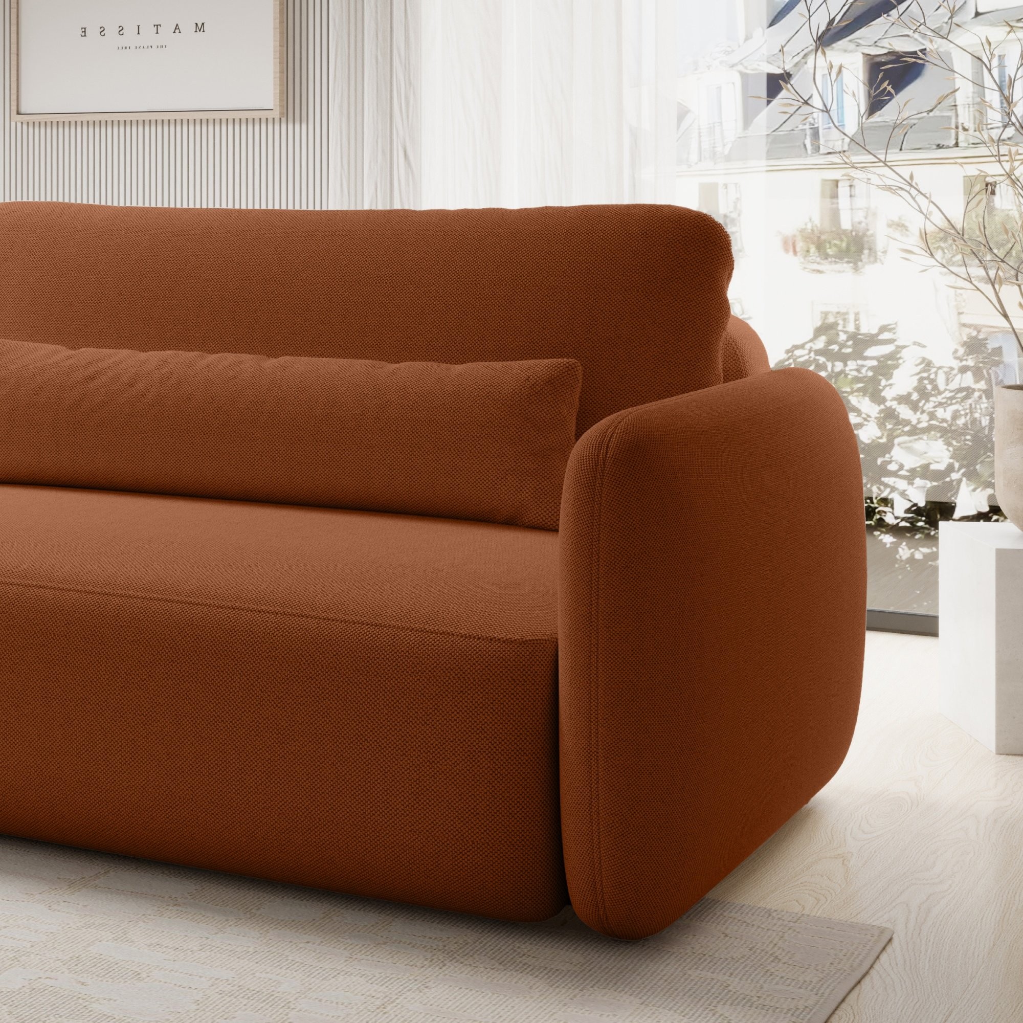 Sofa rozkładana Mossa Big z 2 pojemnikami, obłe kształty, miedziana