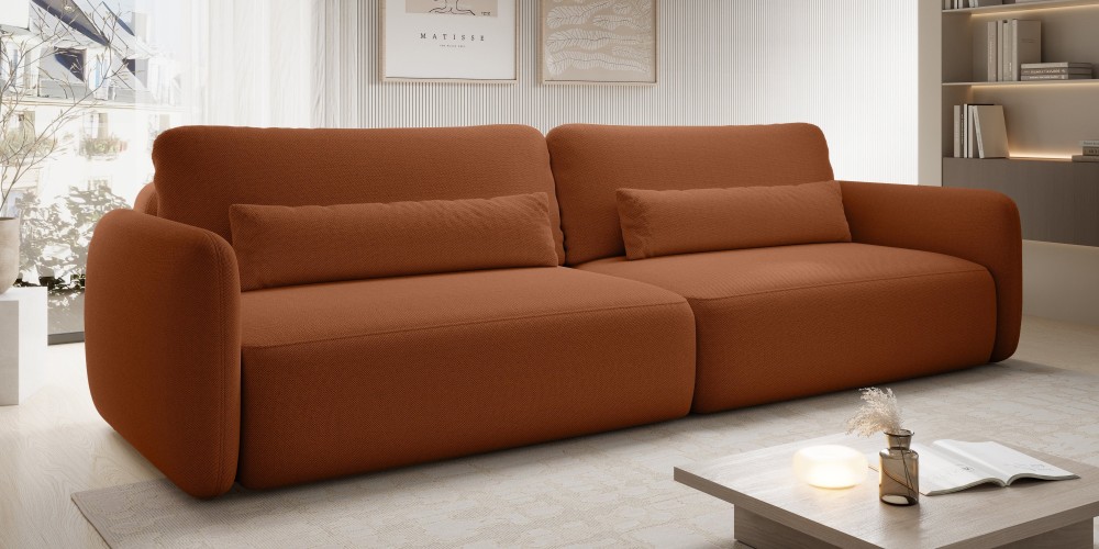 Sofa rozkładana Mossa Big z 2 pojemnikami, obłe kształty, miedziana