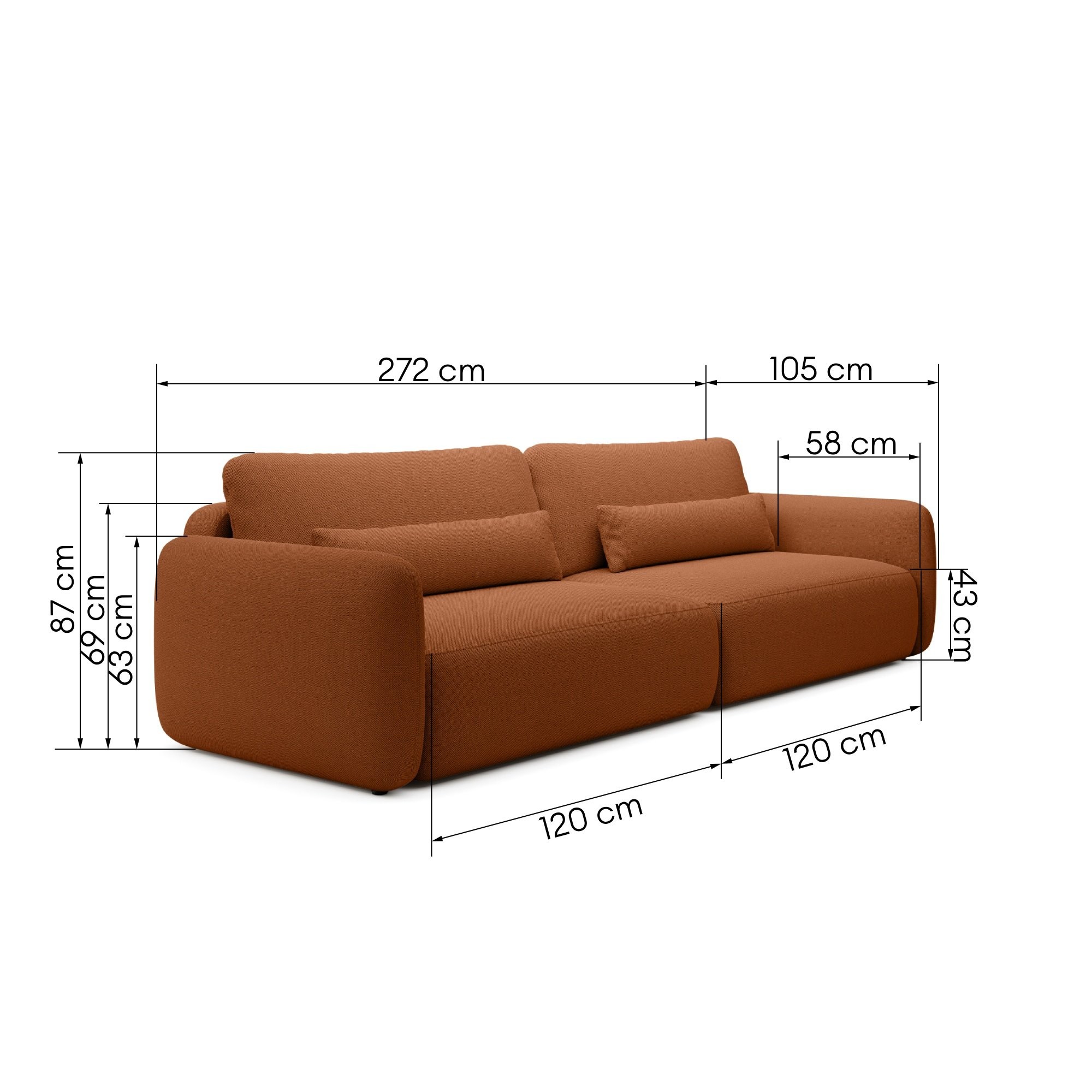 Sofa rozkładana Mossa Big z 2 pojemnikami, obłe kształty, miedziana