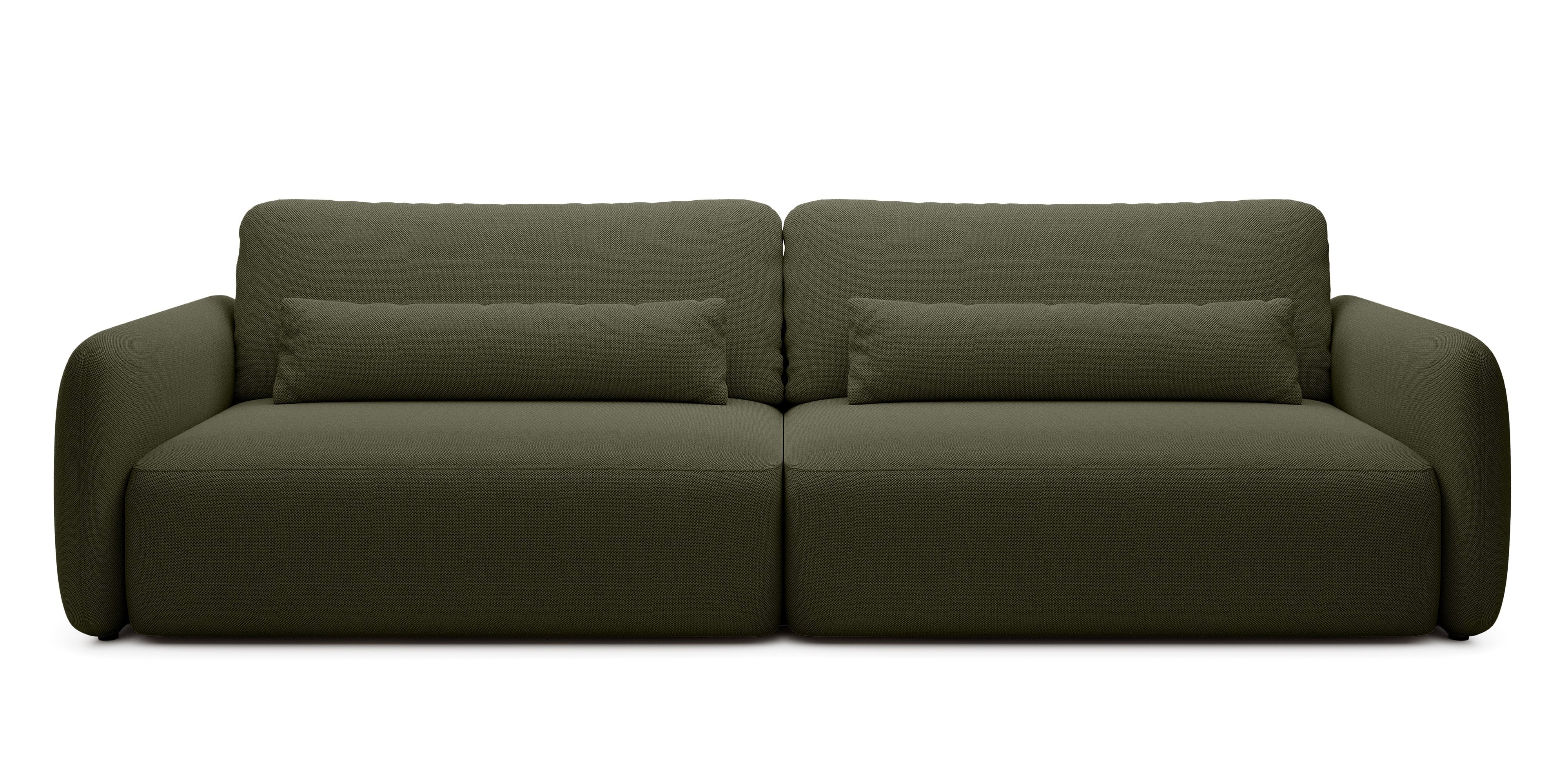 Sofa rozkładana Mossa Big z 2 pojemnikami, obłe kształty, ciemnozielona