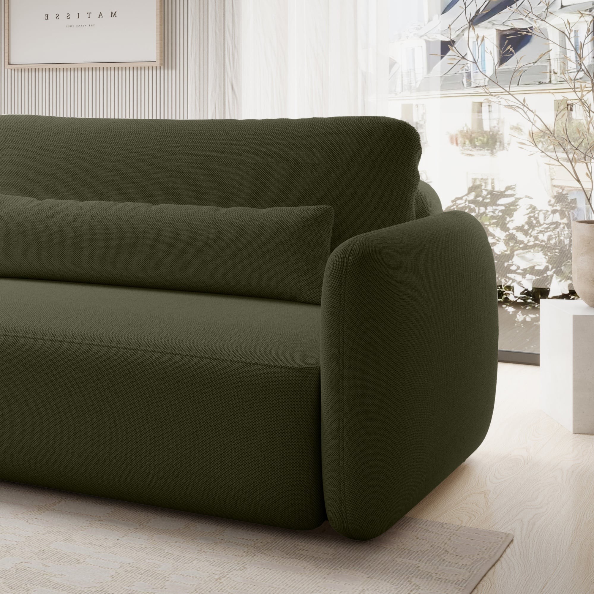 Sofa rozkładana Mossa Big z 2 pojemnikami, obłe kształty, ciemnozielona