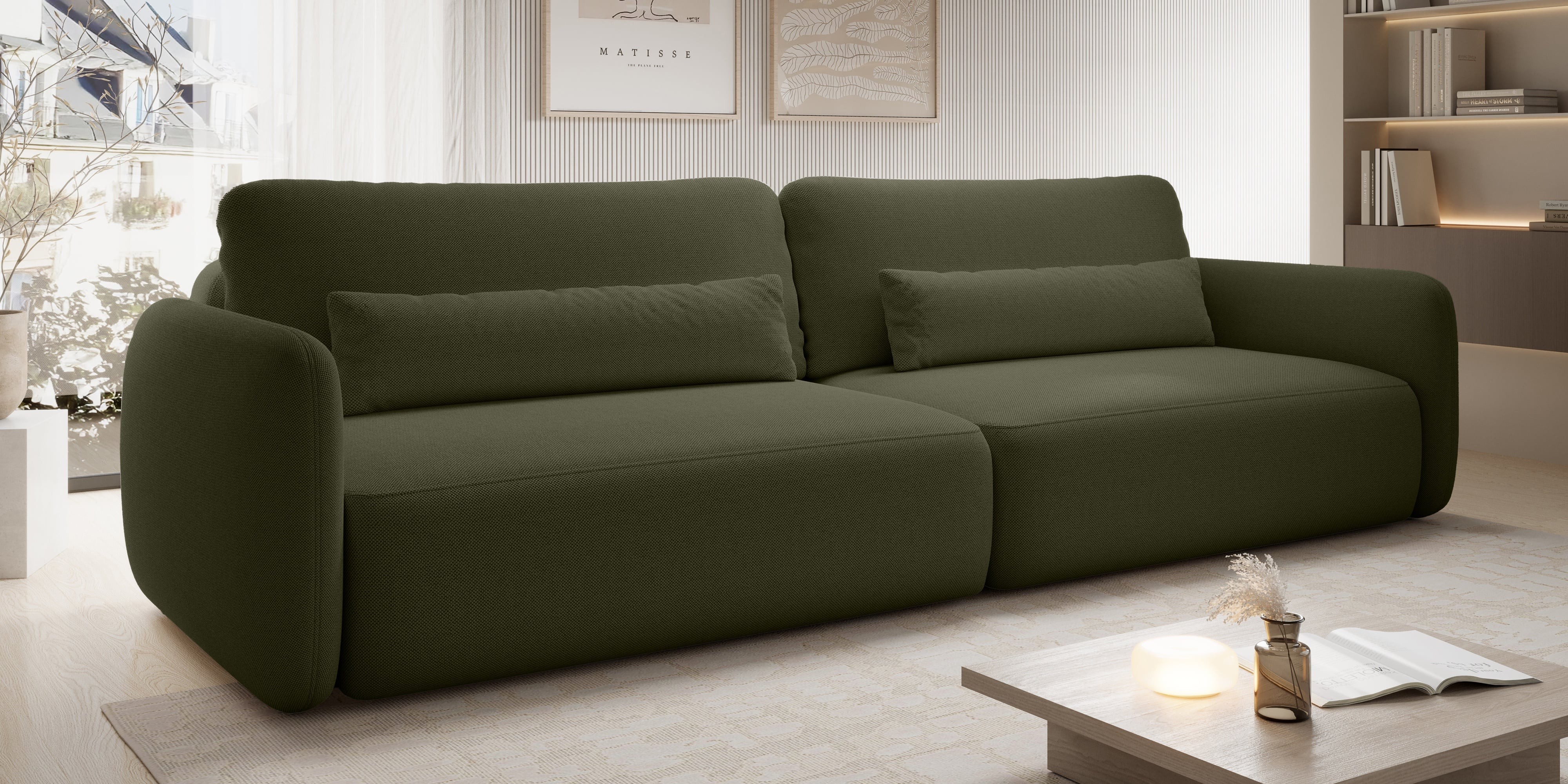 Sofa rozkładana Mossa Big z 2 pojemnikami, obłe kształty, ciemnozielona