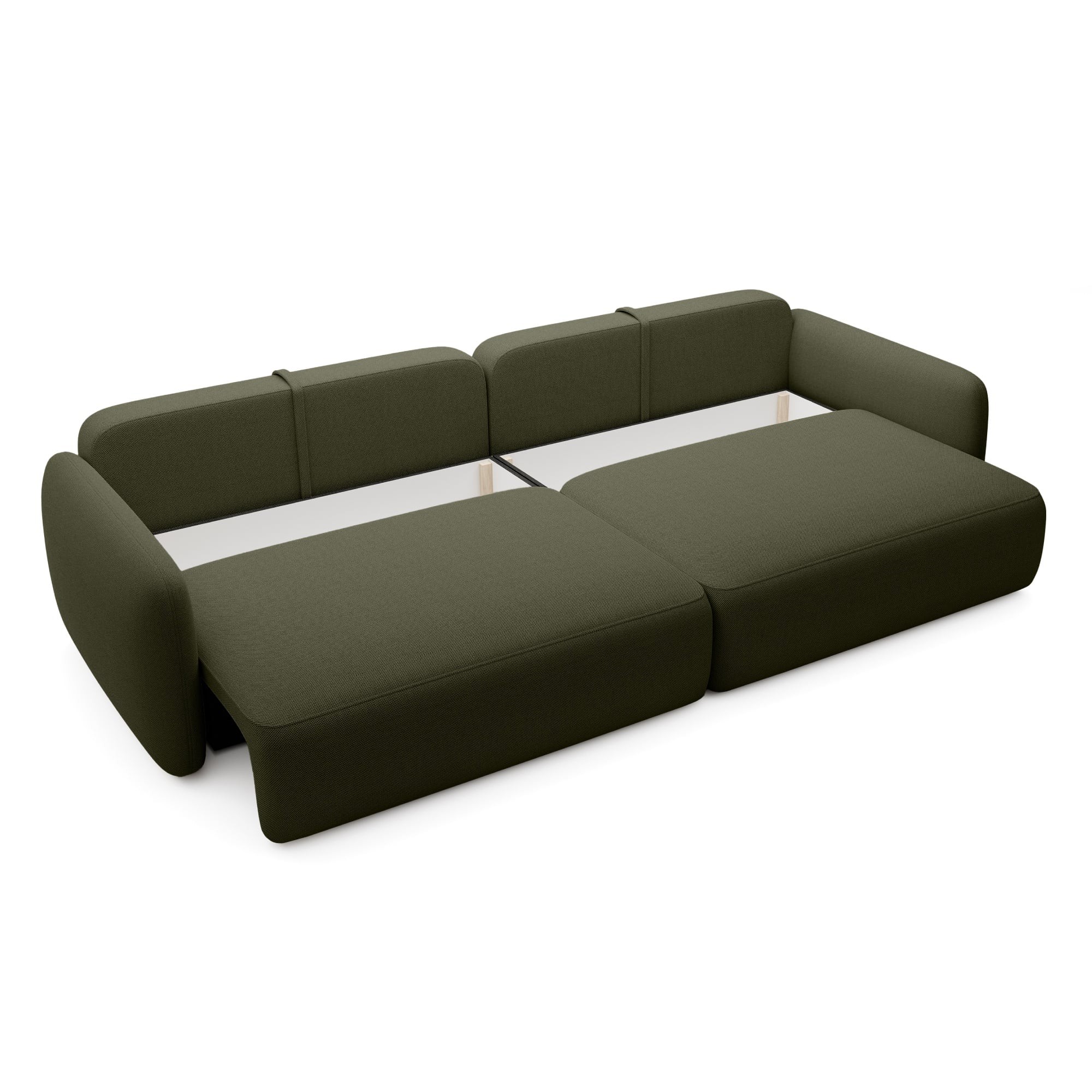Sofa rozkładana Mossa Big z 2 pojemnikami, obłe kształty, ciemnozielona