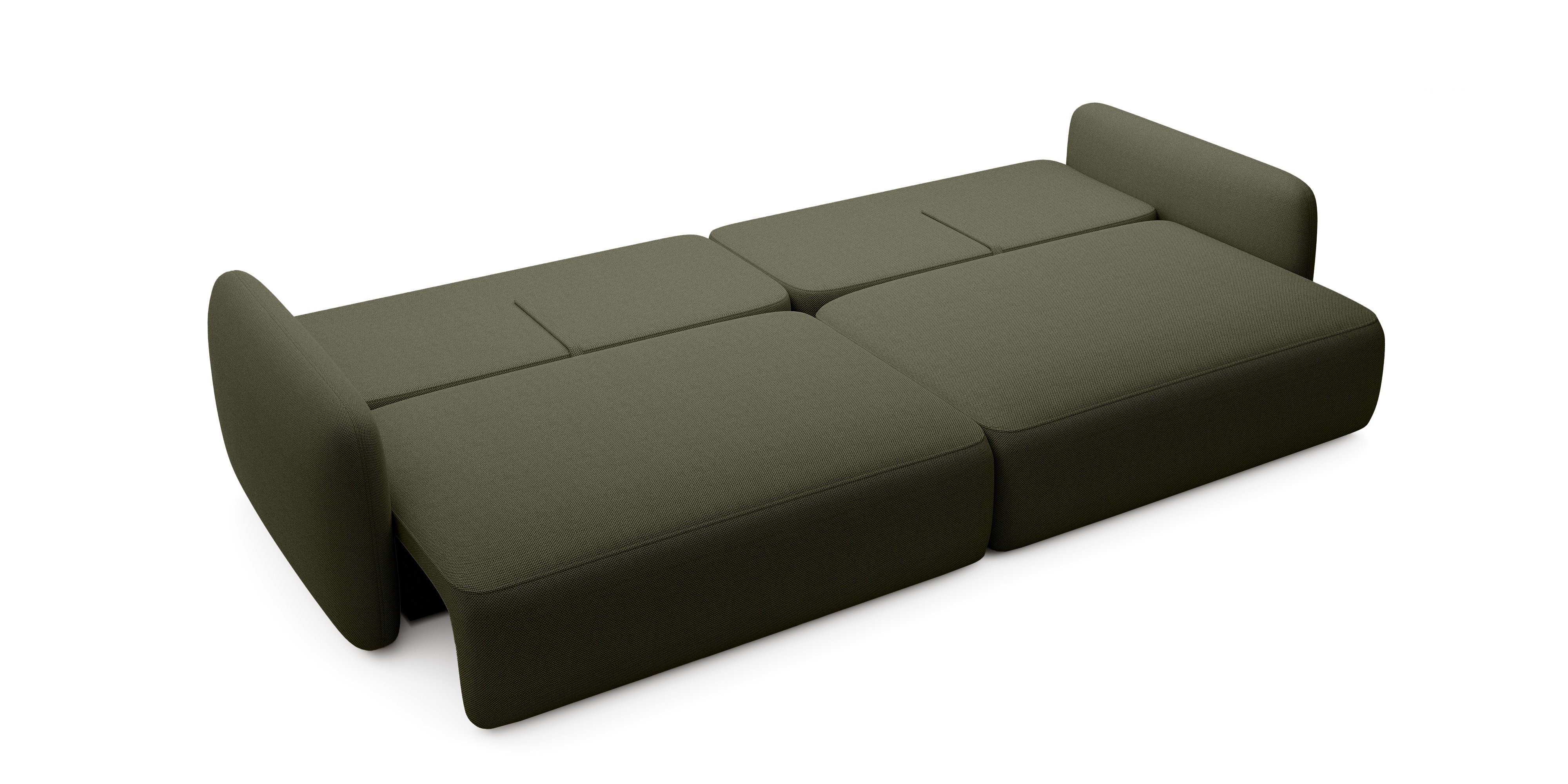 Sofa rozkładana Mossa Big z 2 pojemnikami, obłe kształty, ciemnozielona