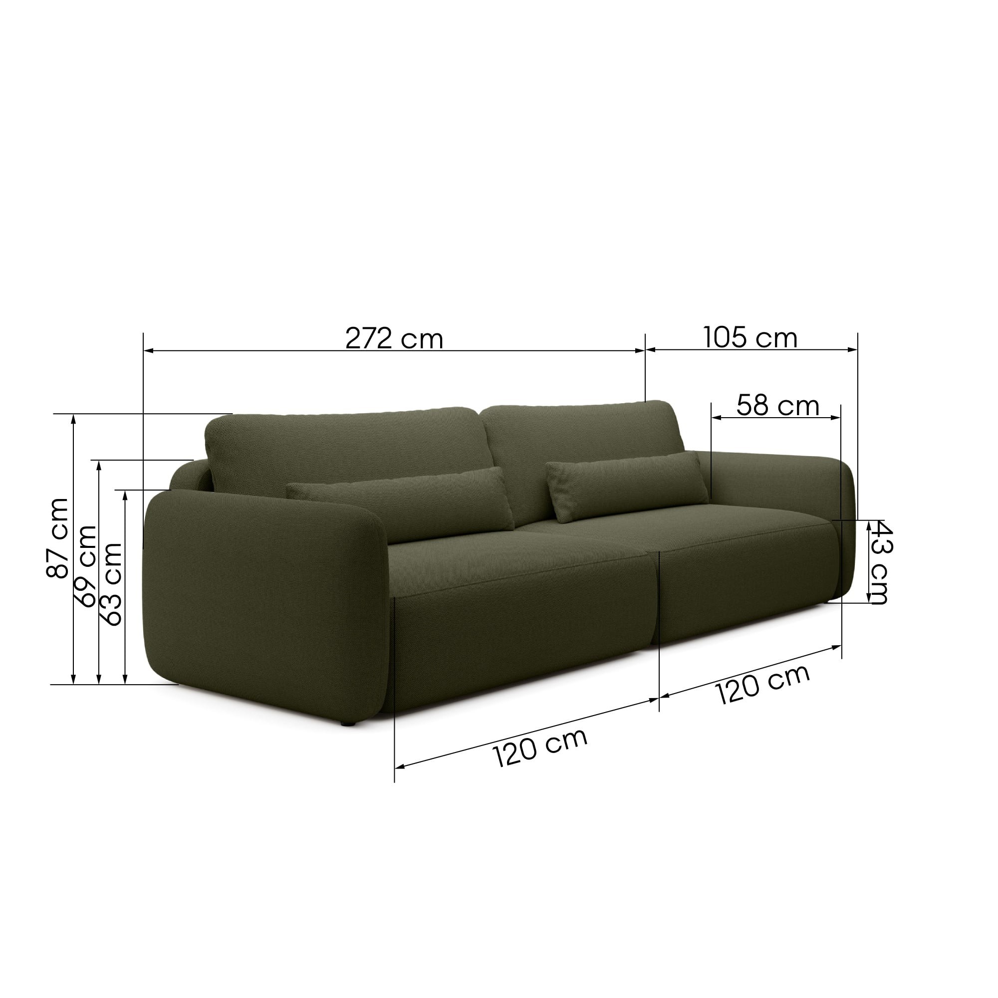 Sofa rozkładana Mossa Big z 2 pojemnikami, obłe kształty, ciemnozielona