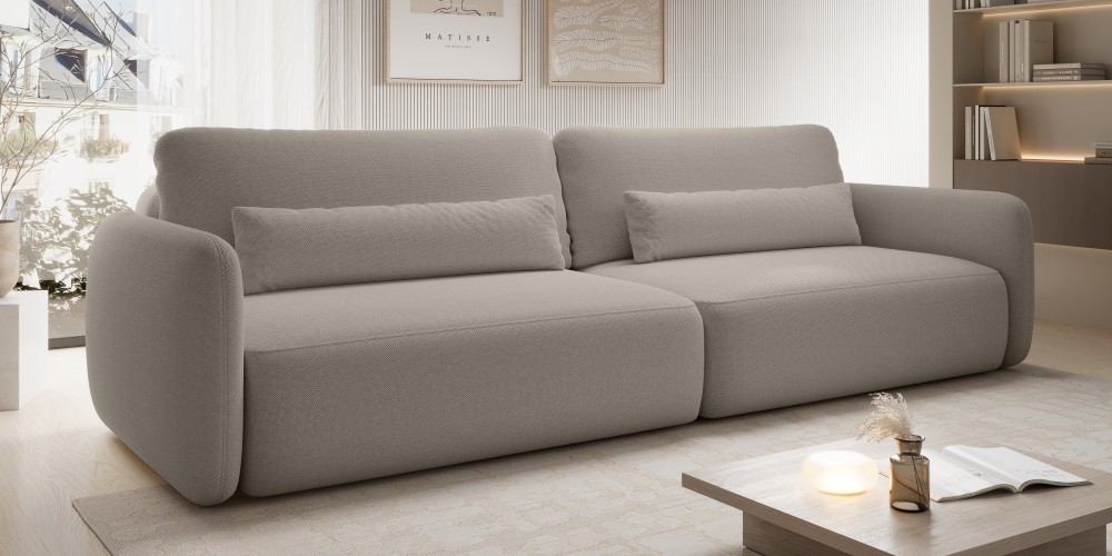 Sofa rozkładana Mossa Big z 2 pojemnikami, obłe kształty, beżowoszara