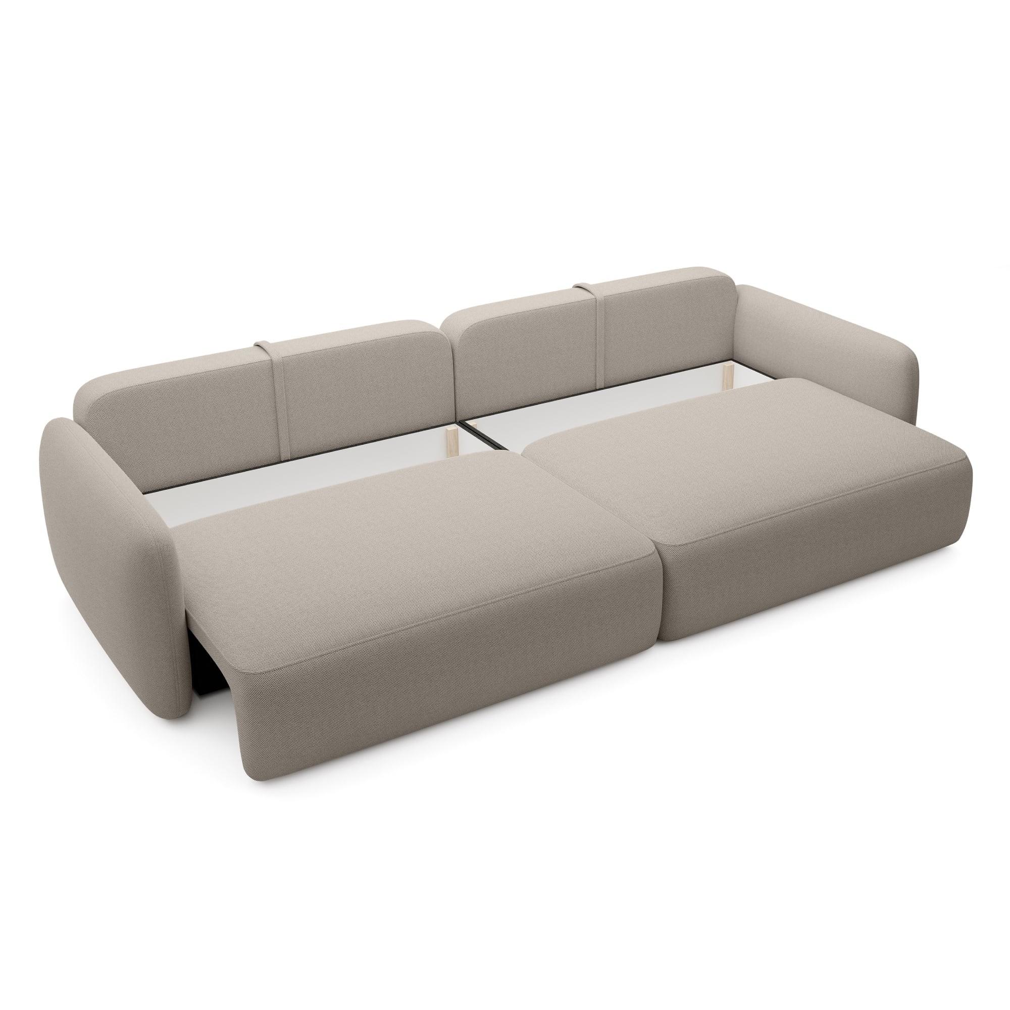 Sofa rozkładana Mossa Big z 2 pojemnikami, obłe kształty, beżowoszara