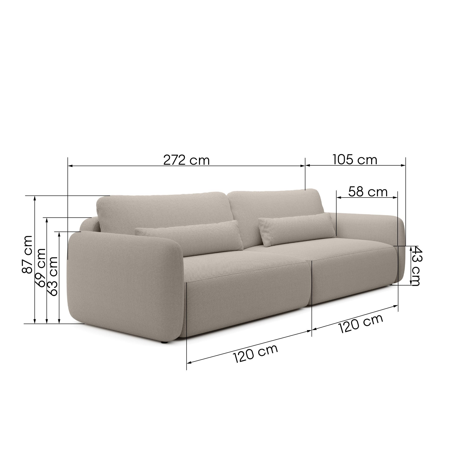 Sofa rozkładana Mossa Big z 2 pojemnikami, obłe kształty, beżowoszara