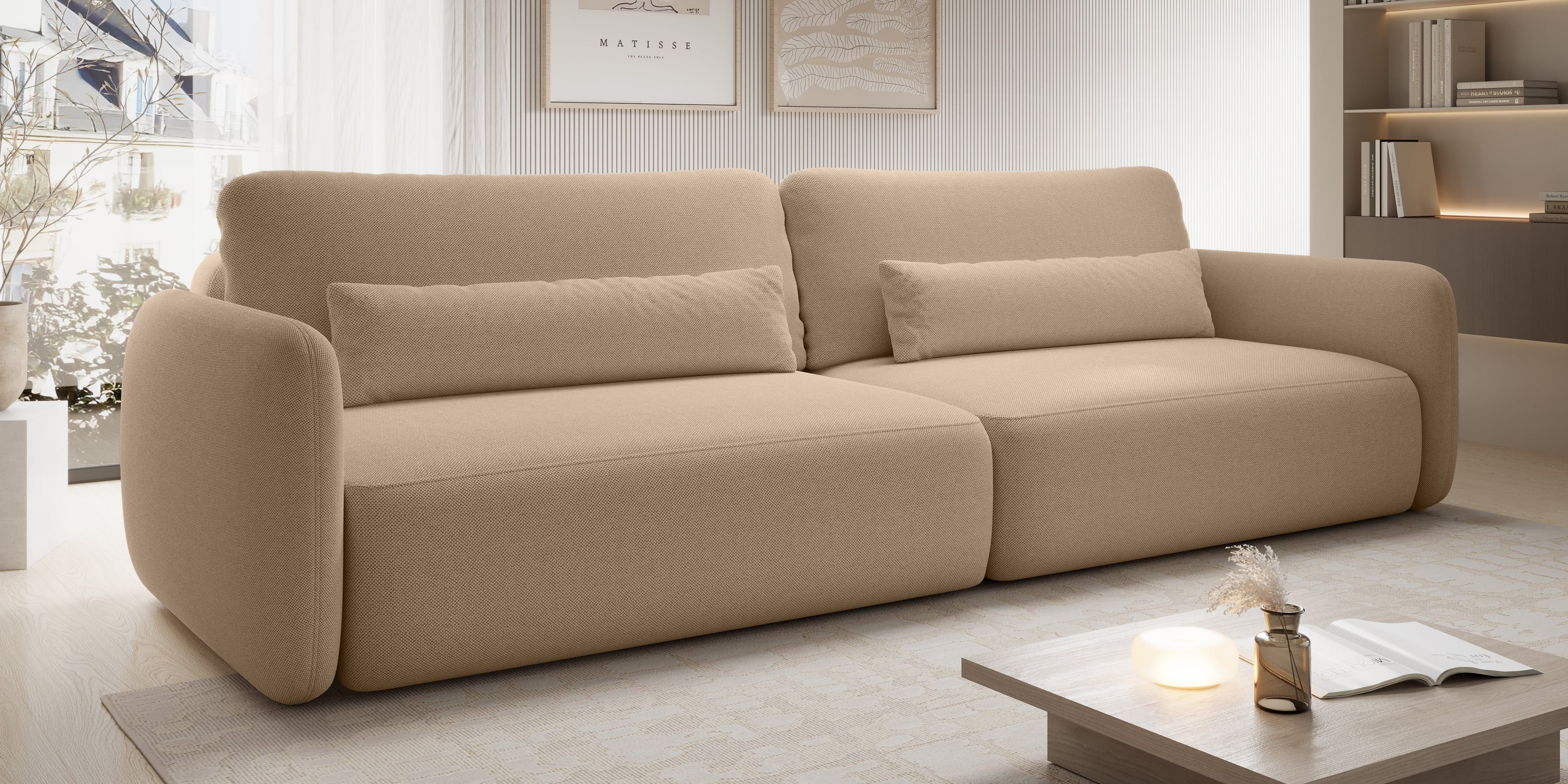 Sofa rozkładana Mossa Big z 2 pojemnikami, obłe kształty, jasnobrązowa