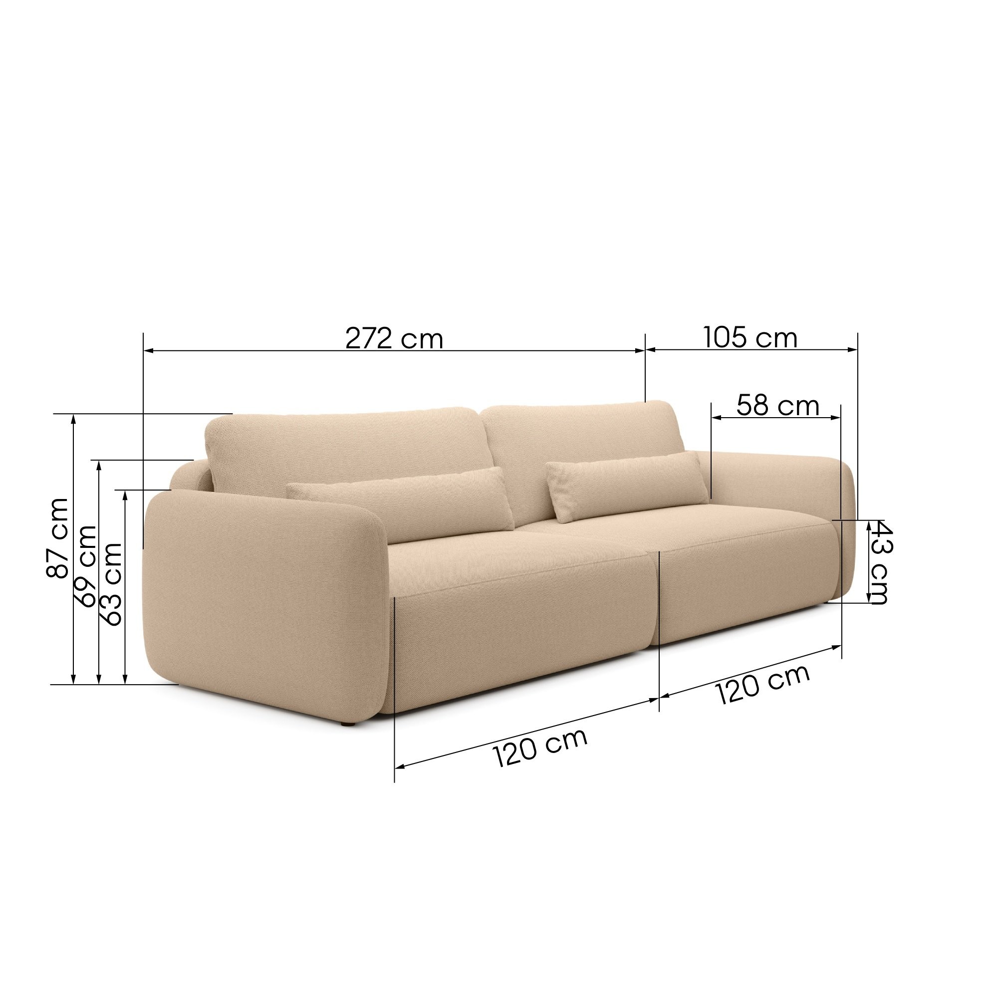 Sofa rozkładana Mossa Big z 2 pojemnikami, obłe kształty, jasnobrązowa