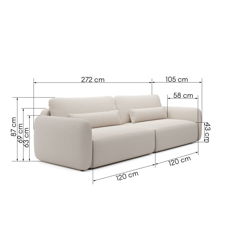Sofa rozkładana Mossa Big z 2 pojemnikami, obłe kształty, jasnobeżowa