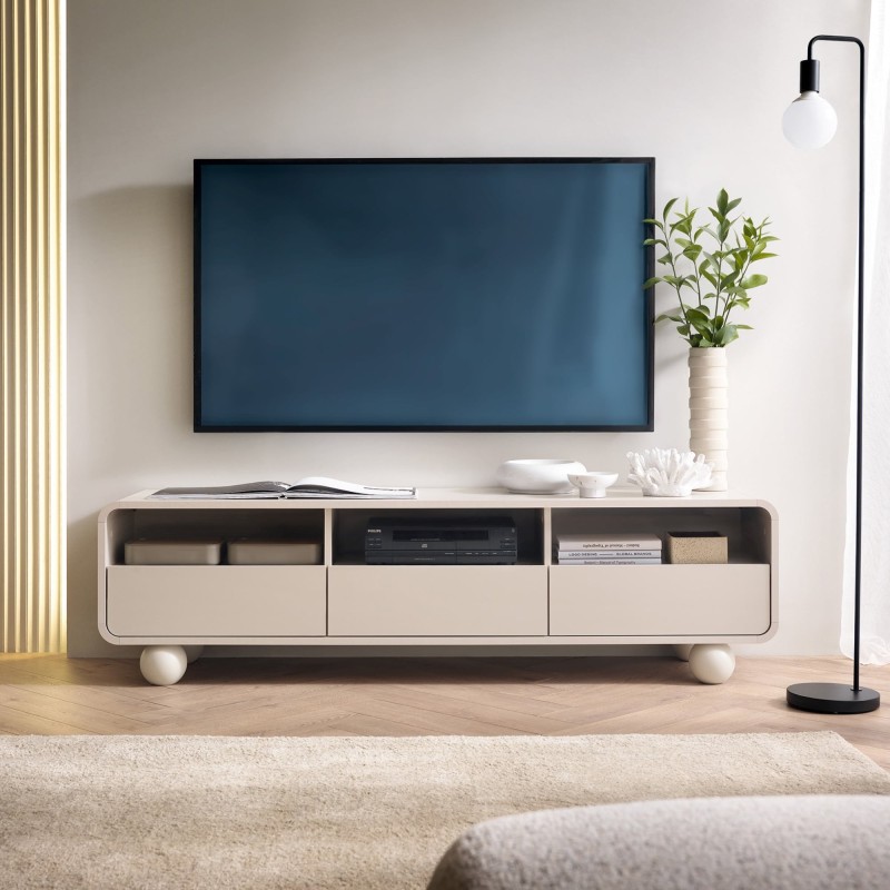 Szafka RTV Albion 160 cm, zaokrąglona, nóżki kulki, kaszmirowa