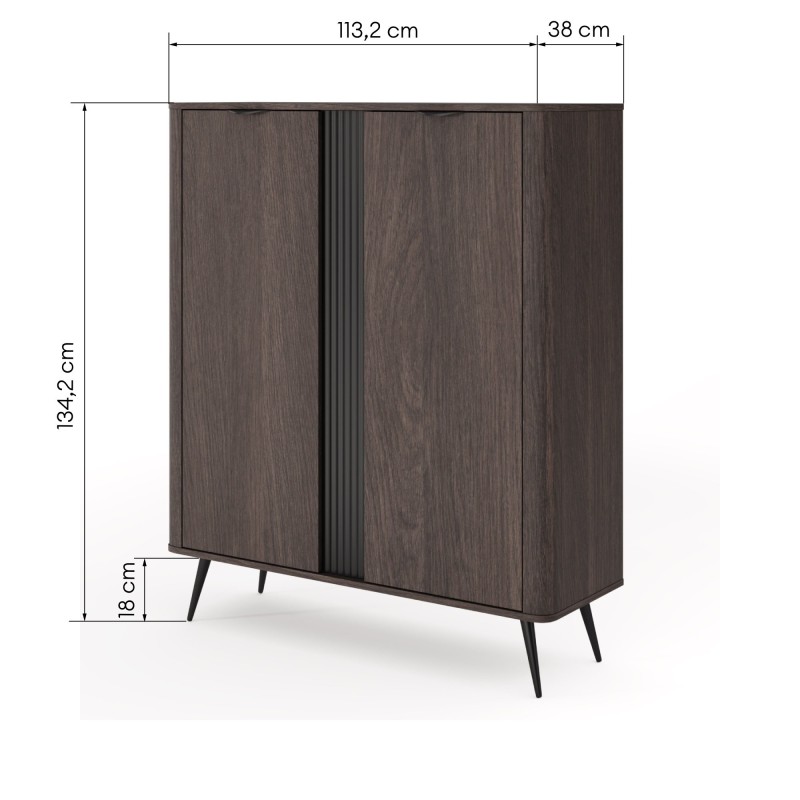 Komoda dwudrzwiowa Veris 113,2 cm, dąb dunin/czarna, ryflowana, zaokrąglona