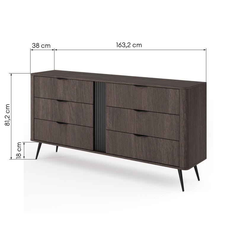 Komoda z szufladami Veris 163,2 cm, dąb dunin/czarna, ryflowana, zaokrąglona