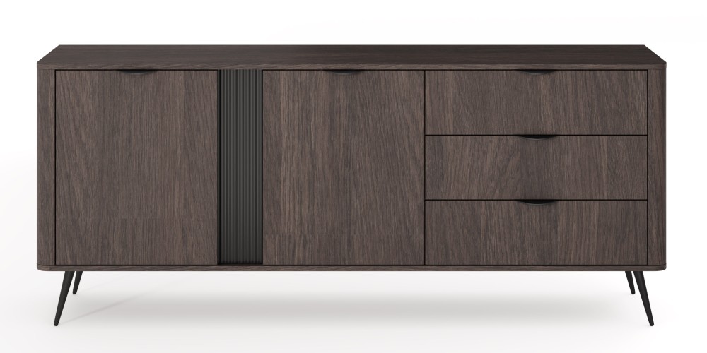 Komoda dwudrzwiowa z szufladami Veris 195,2 cm, dąb dunin/czarna, ryflowana, zaokrąglona