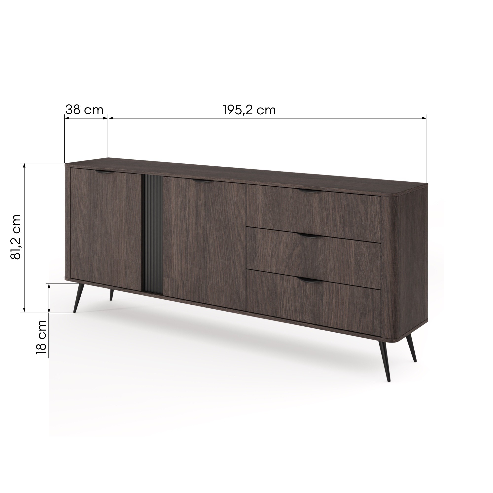 Komoda dwudrzwiowa z szufladami Veris 195,2 cm, dąb dunin/czarna, ryflowana, zaokrąglona