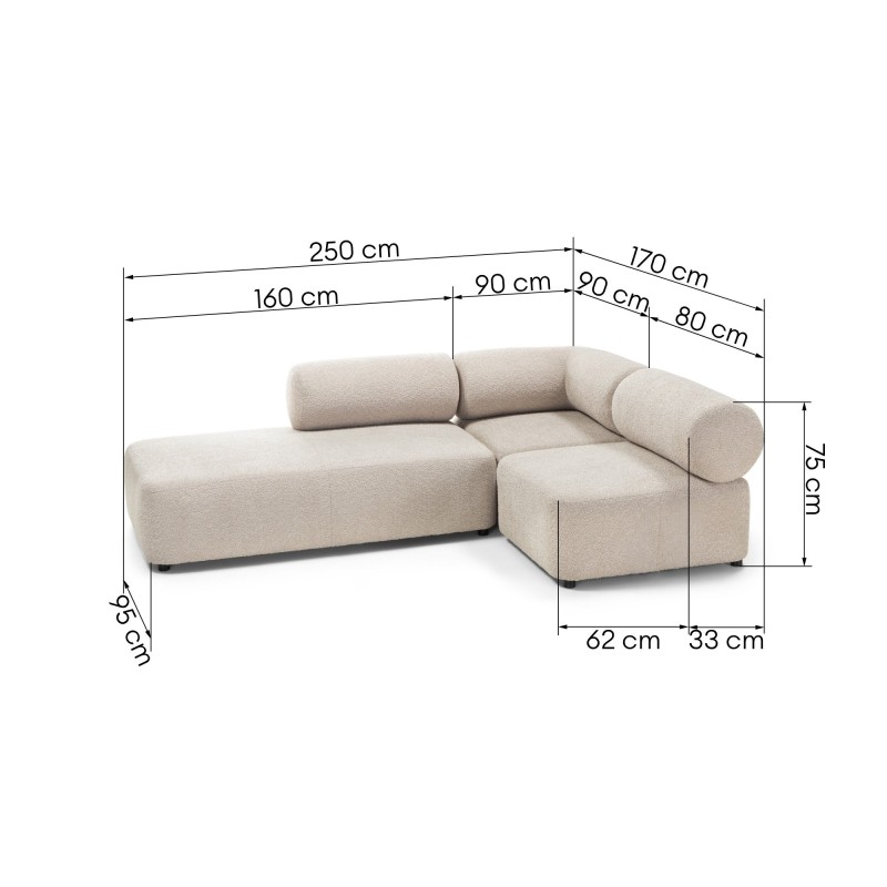 Narożnik modułowy Moso 170 cm, beżowy, lewostronny, zaokrąglony