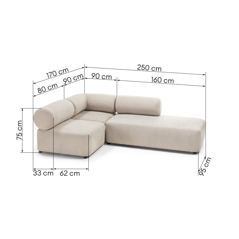 Narożnik modułowy Moso 170 cm, beżowy, prawostronny, zaokrąglony