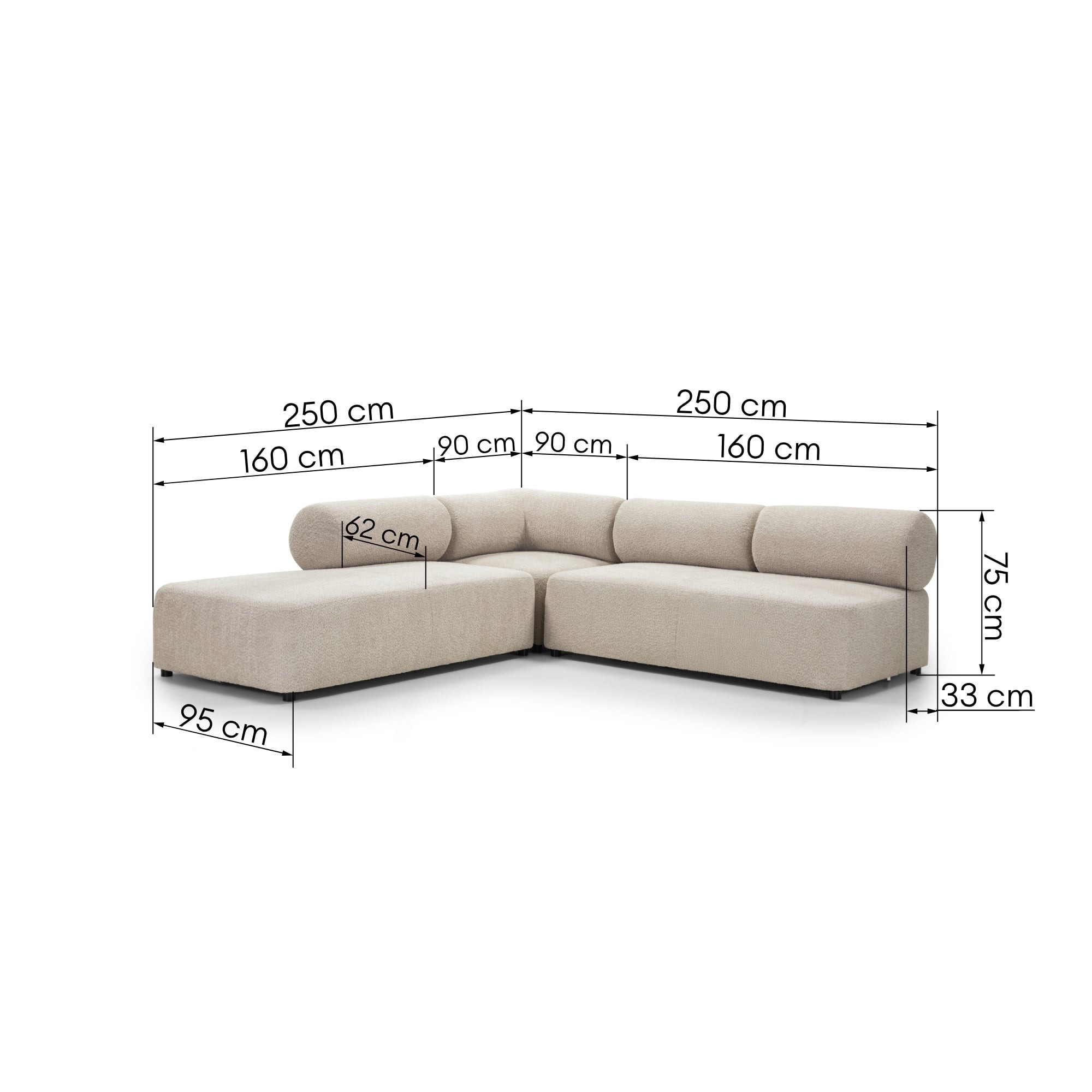 Narożnik modułowy Moso 250 cm, beżowy, lewostronny, zaokrąglony