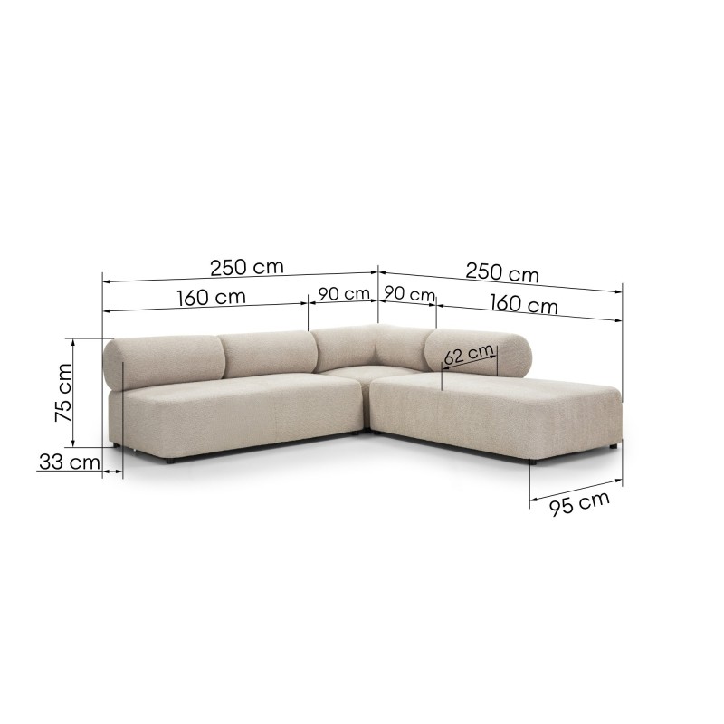 Narożnik modułowy Moso 250 cm, beżowy, prawostronny, zaokrąglony
