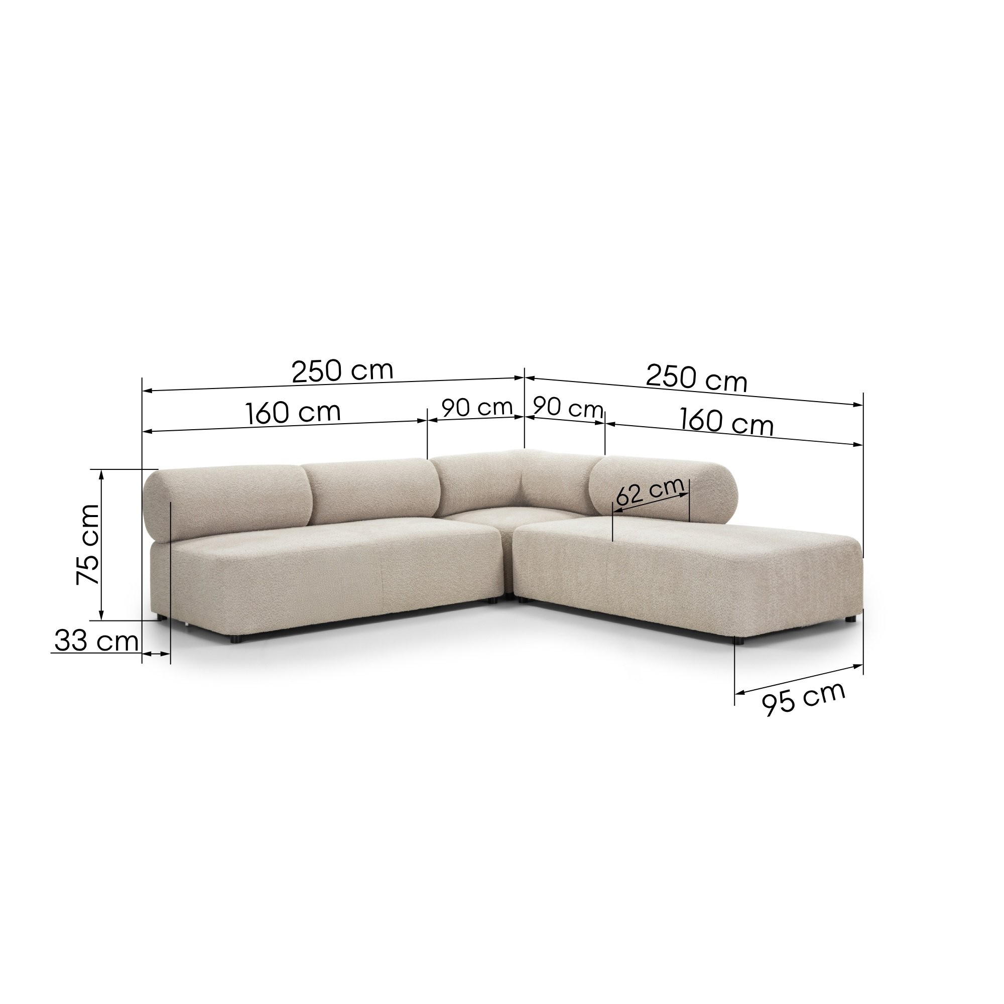 Narożnik modułowy Moso 250 cm, beżowy, prawostronny, zaokrąglony
