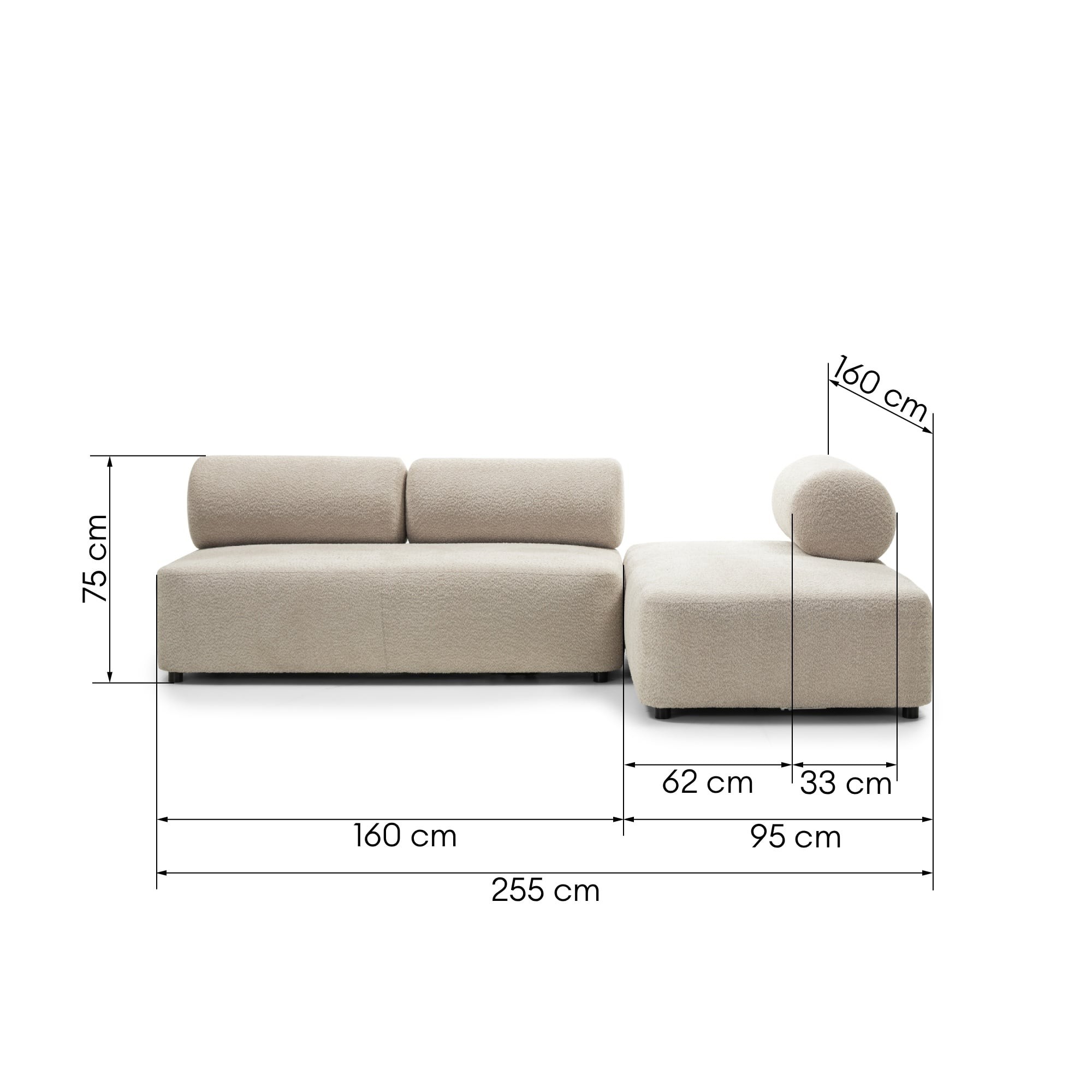 Narożnik modułowy Moso 255 cm, beżowy, prawostronny, zaokrąglony
