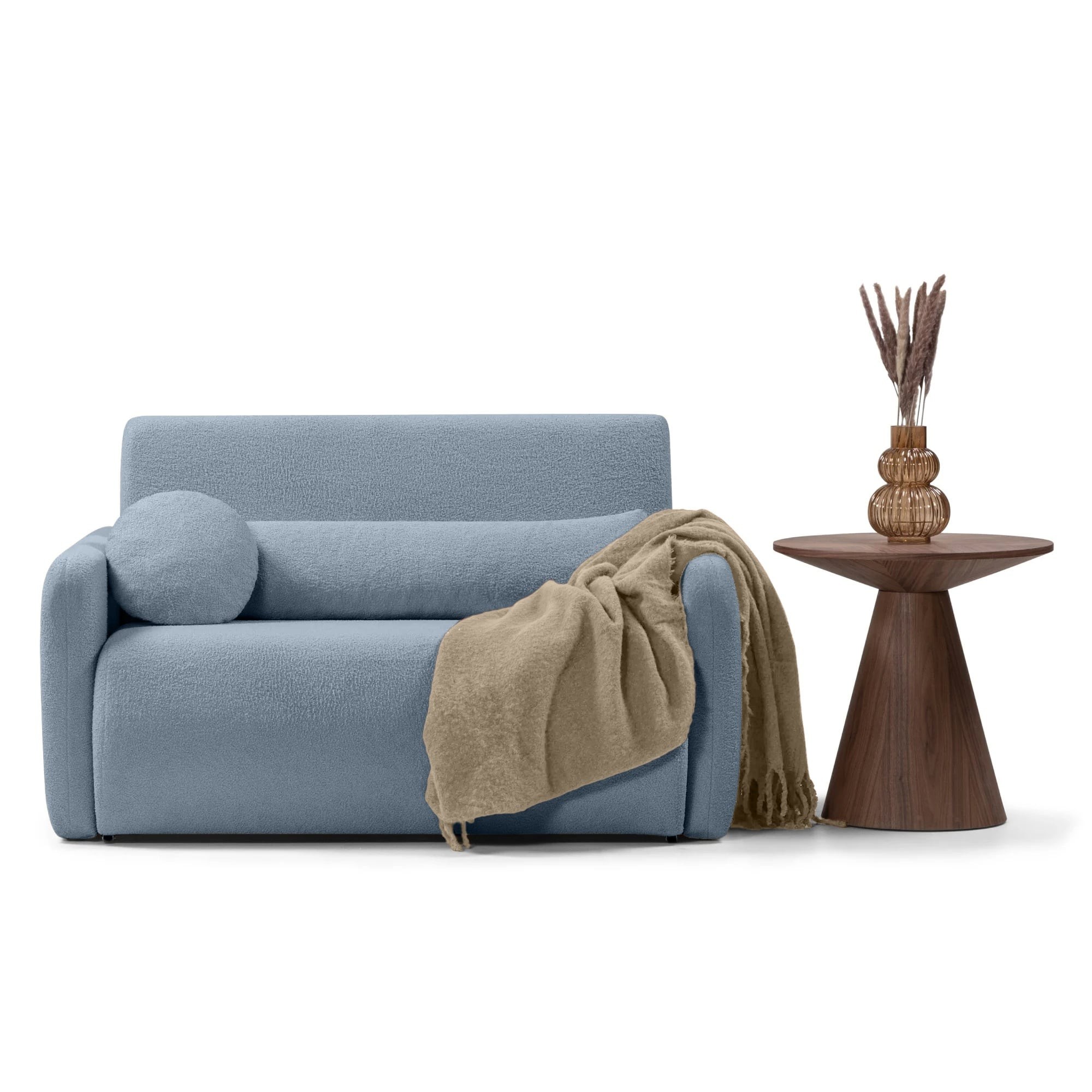 Sofa z funkcją spania i pojemnikiem Diosa, niebieska, boucle
