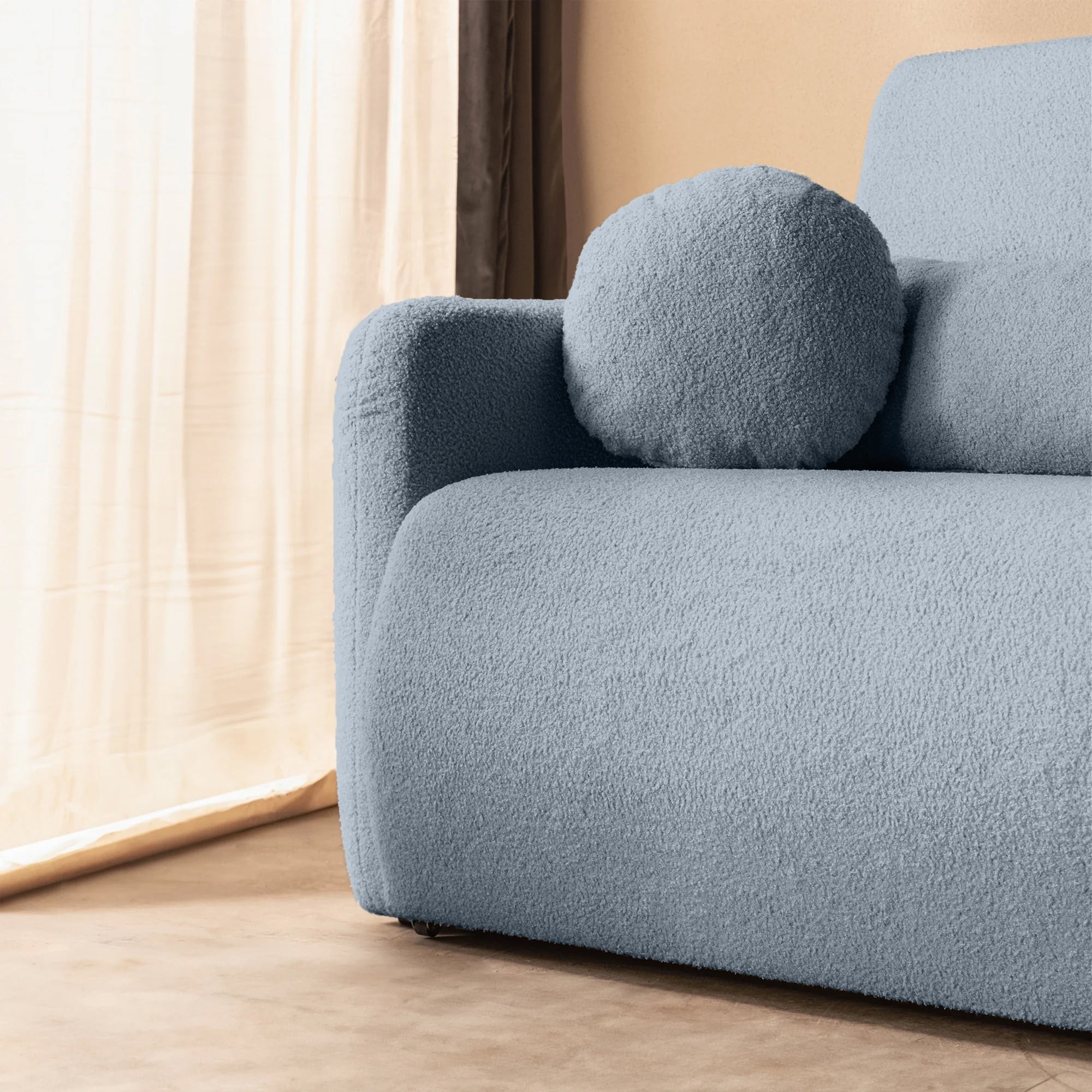 Sofa z funkcją spania i pojemnikiem Diosa, niebieska, boucle
