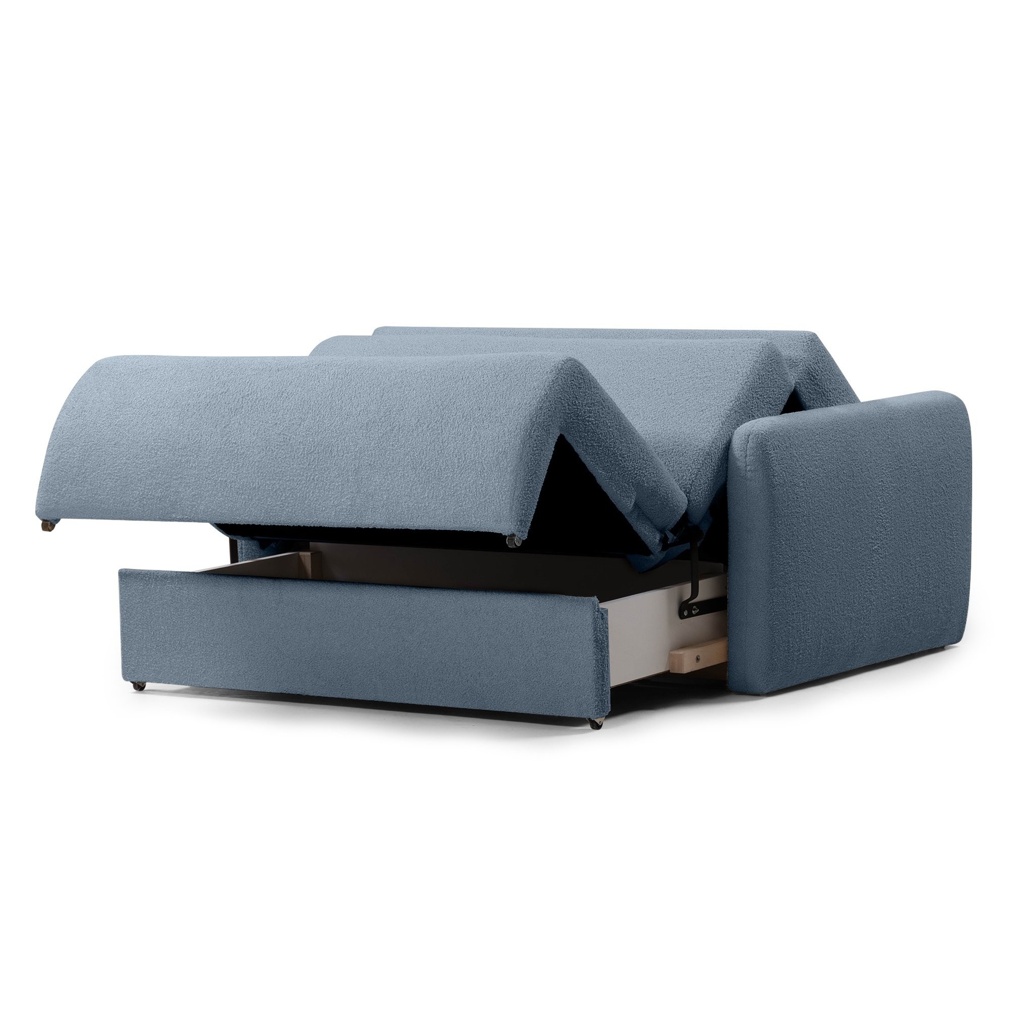 Sofa z funkcją spania i pojemnikiem Diosa, niebieska, boucle
