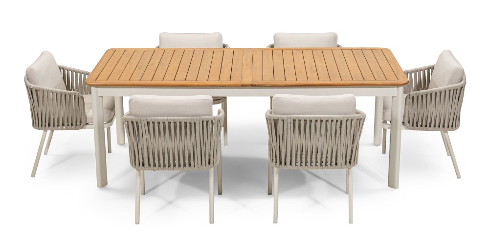 Zestaw ogrodowy Porticato, stół rozkładany 211-300 cm + 6 krzeseł, drewno akacjowe FSC, teak look, plecionka, jasnobeżowy