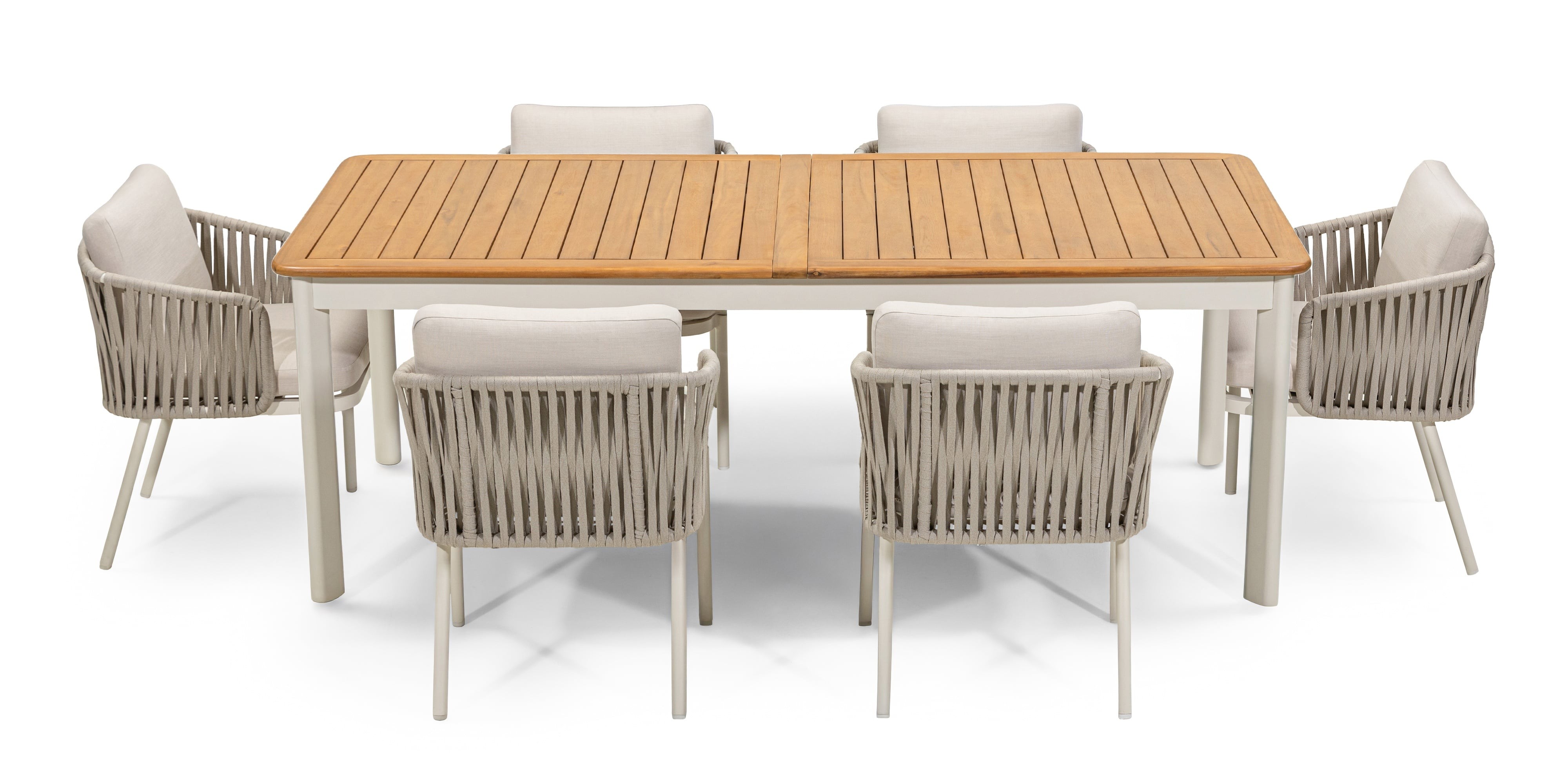 Zestaw ogrodowy Porticato, stół rozkładany 211-300 cm + 6 krzeseł, drewno akacjowe FSC, teak look, plecionka, jasnobeżowy