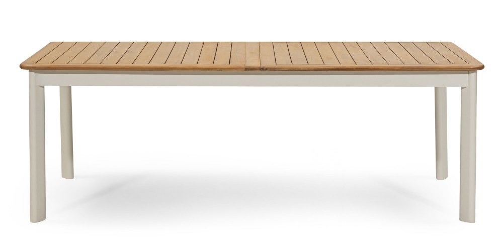 Zestaw ogrodowy Porticato, stół rozkładany 211-300 cm + 6 krzeseł, drewno akacjowe FSC, teak look, plecionka, jasnobeżowy