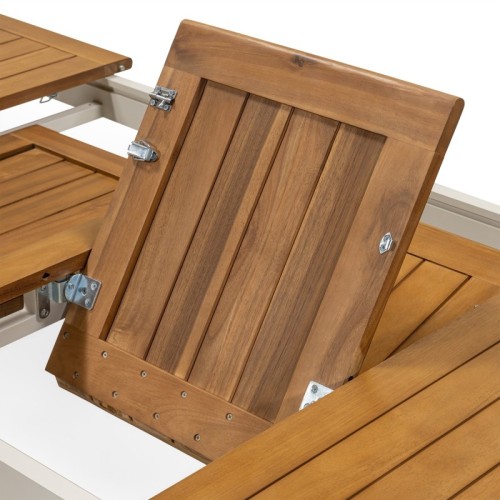 Zestaw ogrodowy Porticato, stół rozkładany 211-300 cm + 6 krzeseł, drewno akacjowe FSC, teak look, plecionka, jasnobeżowy