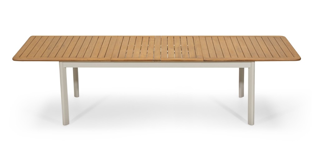 Zestaw ogrodowy Porticato, stół rozkładany 211-300 cm + 6 krzeseł, drewno akacjowe FSC, teak look, plecionka, jasnobeżowy