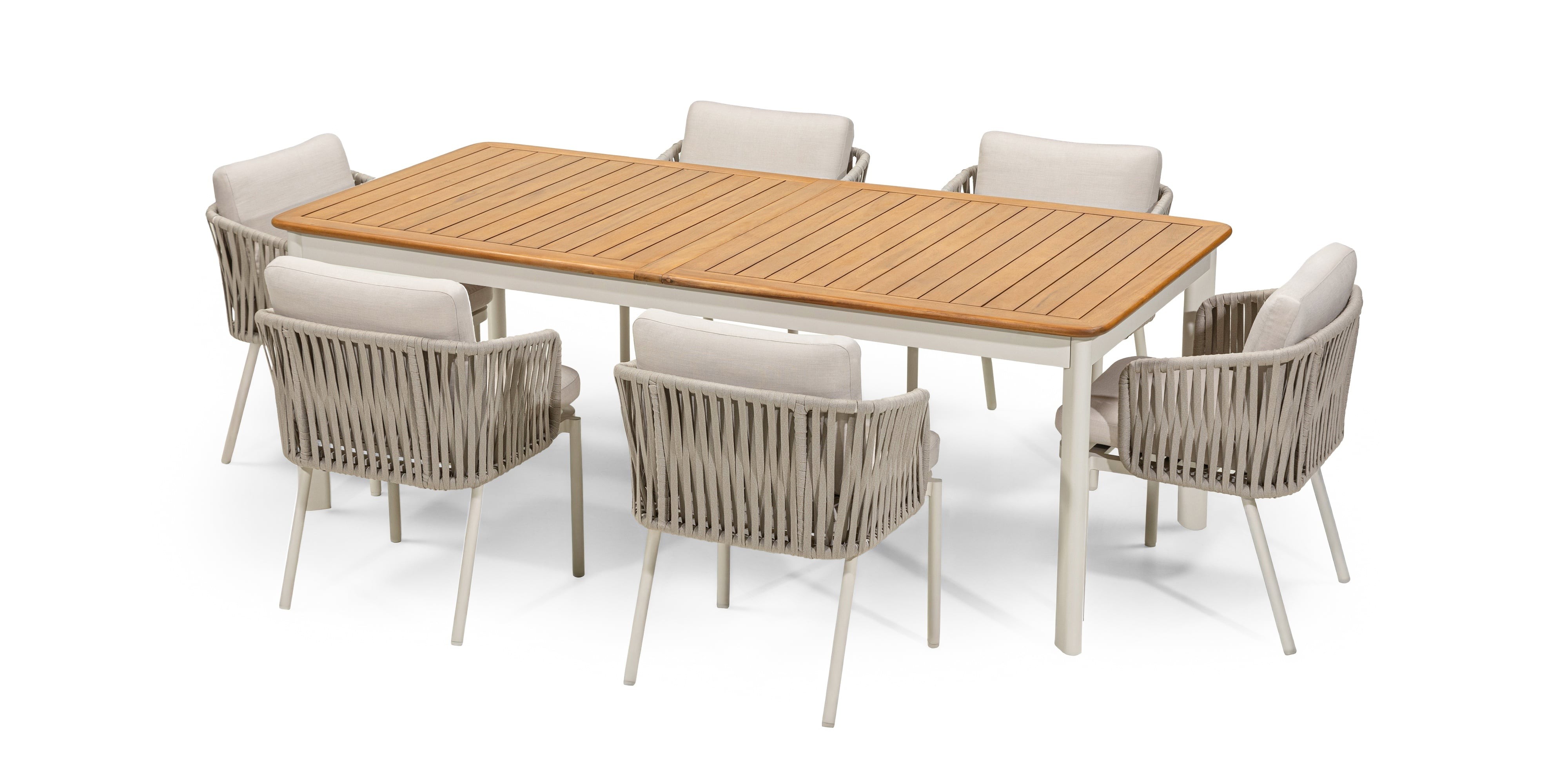 Zestaw ogrodowy Porticato, stół rozkładany 211-300 cm + 6 krzeseł, drewno akacjowe FSC, teak look, plecionka, jasnobeżowy