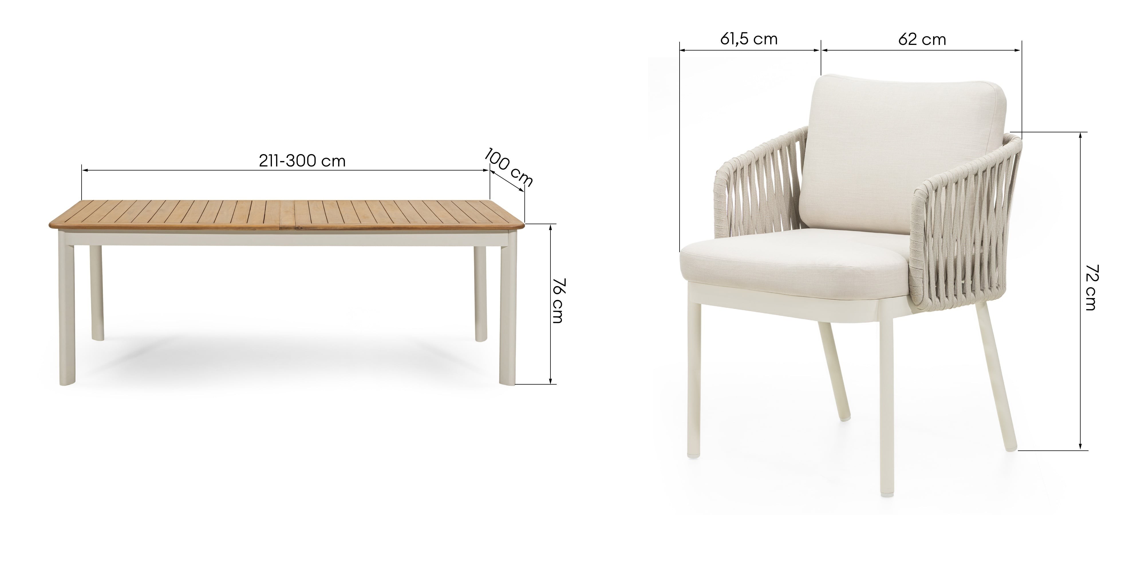 Zestaw ogrodowy Porticato, stół rozkładany 211-300 cm + 6 krzeseł, drewno akacjowe FSC, teak look, plecionka, jasnobeżowy