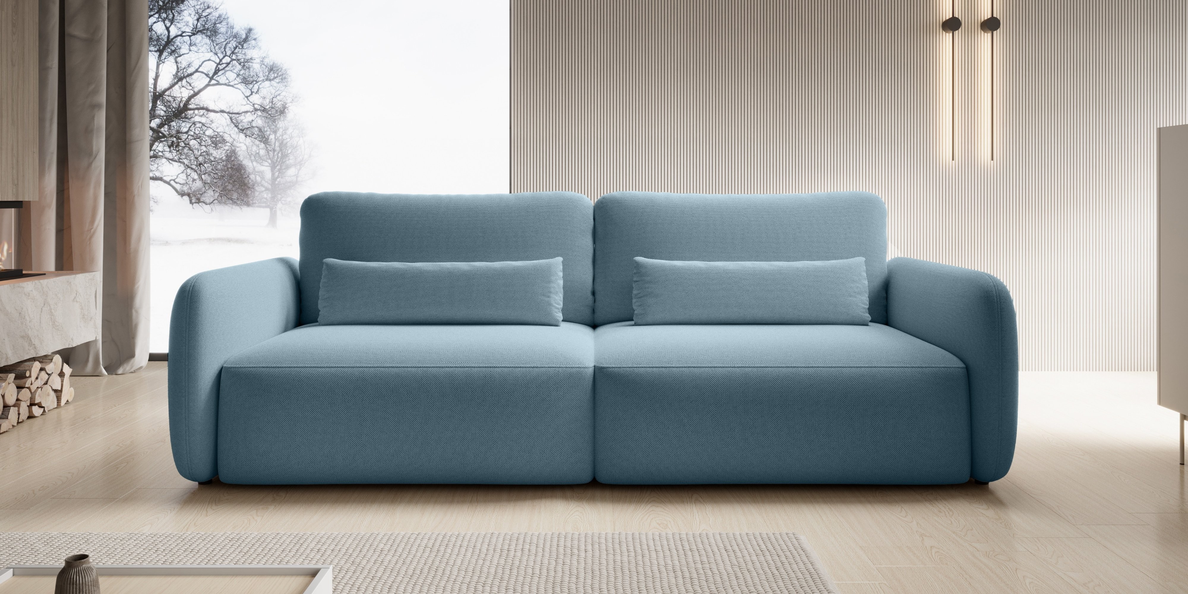 Sofa rozkładana Mossa z pojemnikiem, obłe kształty, niebieska