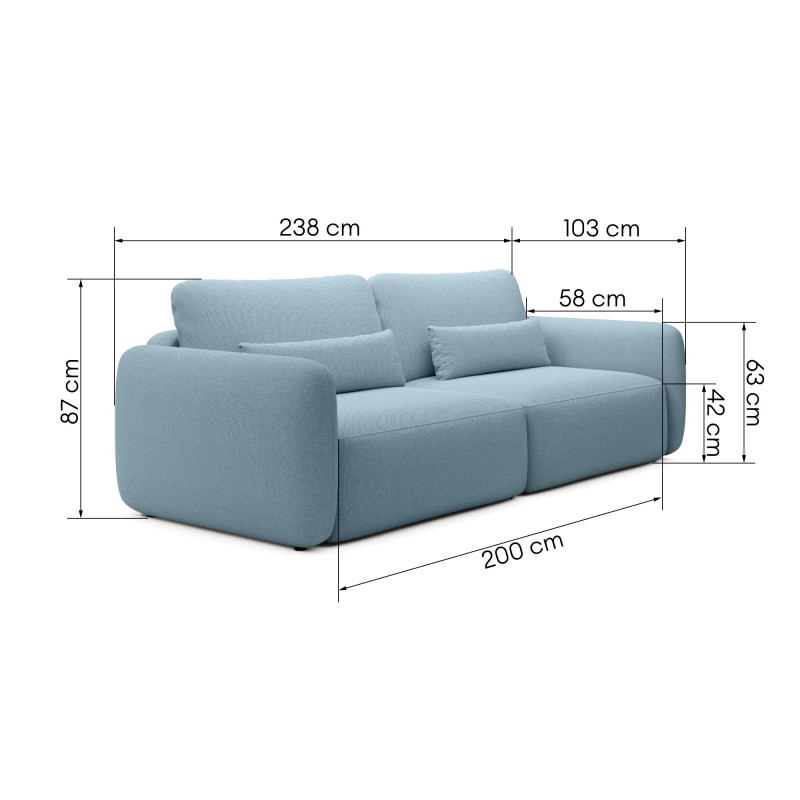 Sofa rozkładana Mossa z pojemnikiem, obłe kształty, niebieska