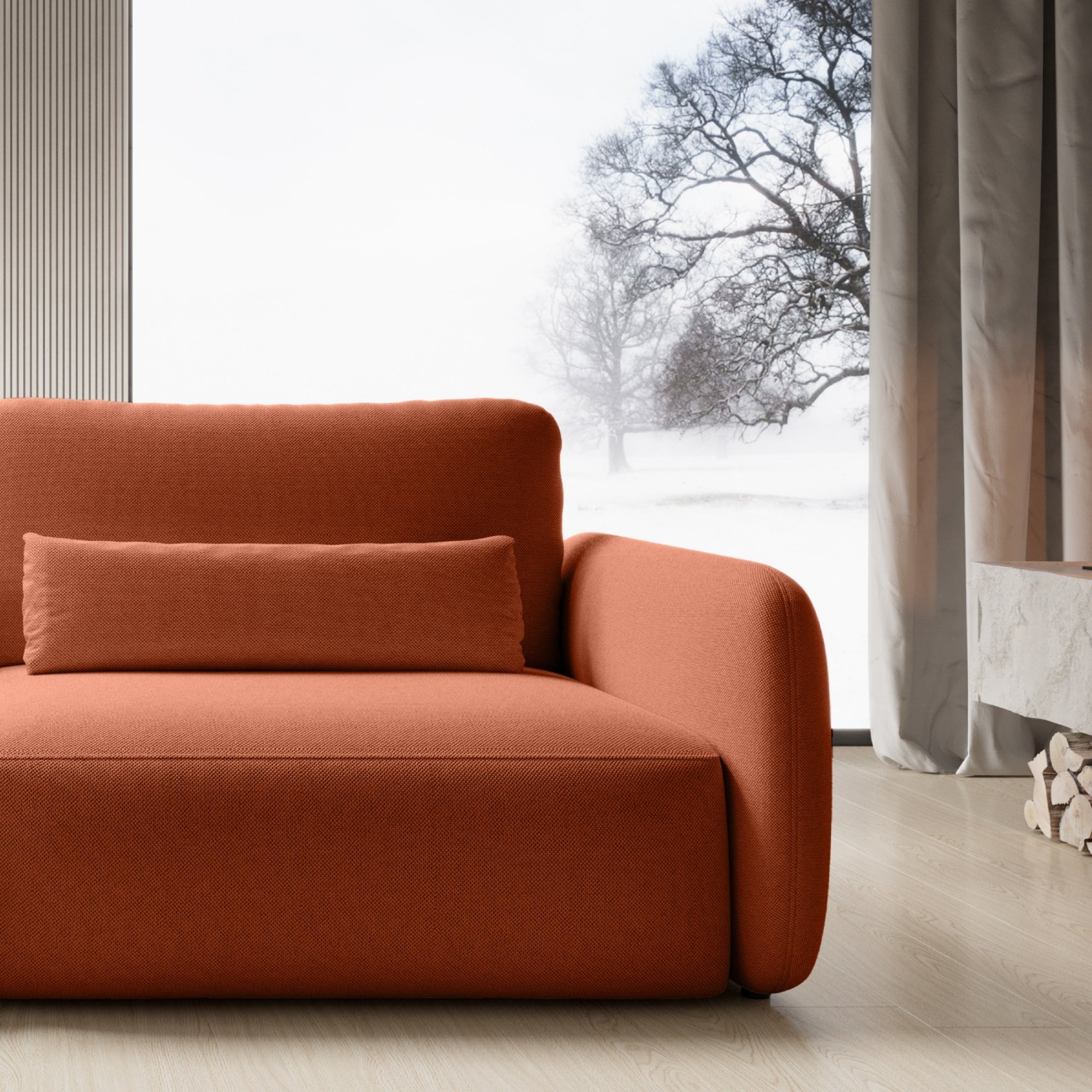 Sofa rozkładana Mossa z pojemnikiem, obłe kształty, miedziana