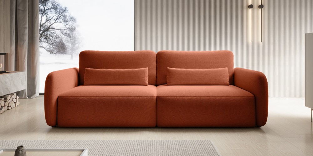 Sofa rozkładana Mossa z pojemnikiem, obłe kształty, miedziana