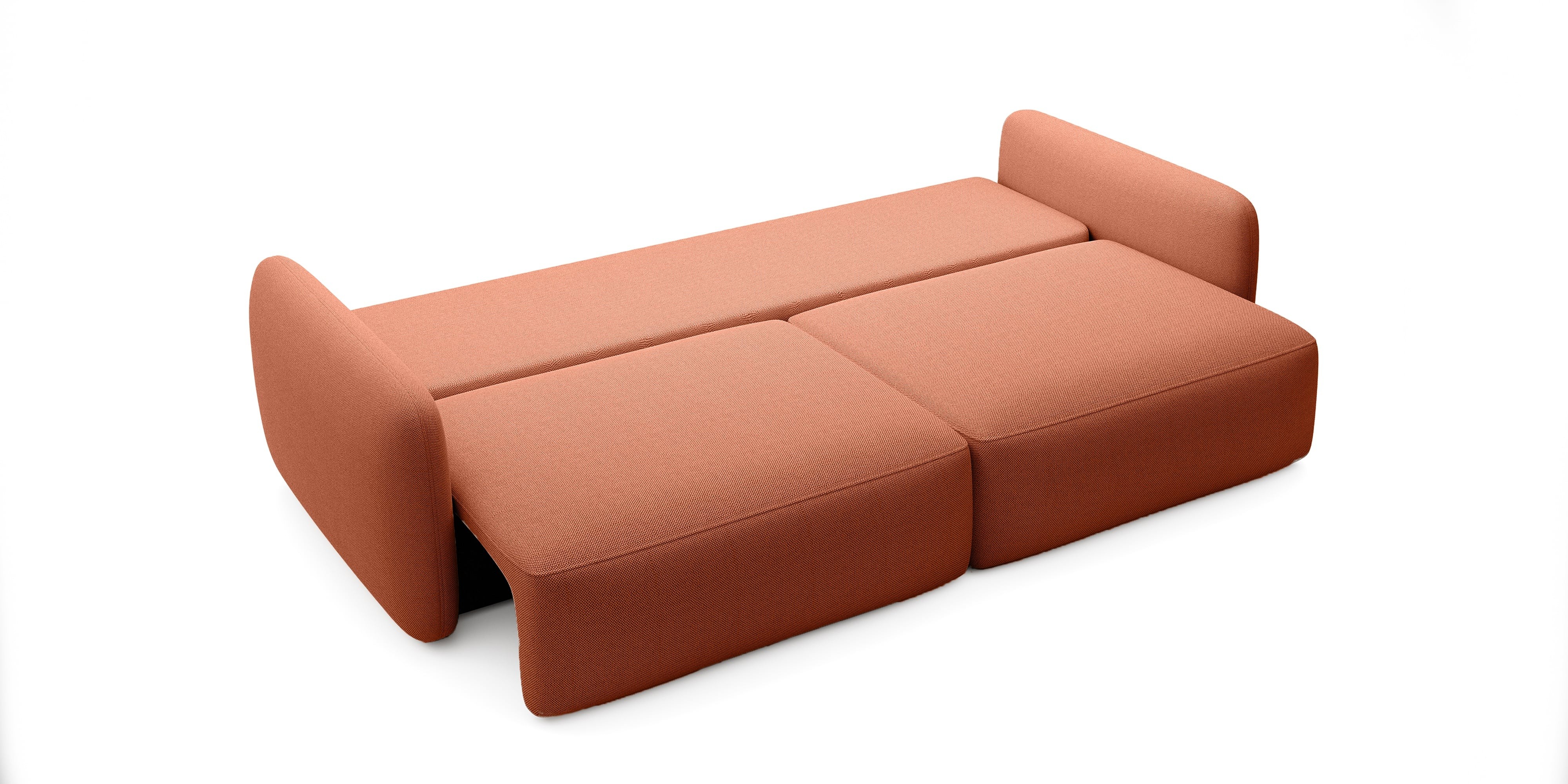 Sofa rozkładana Mossa z pojemnikiem, obłe kształty, miedziana