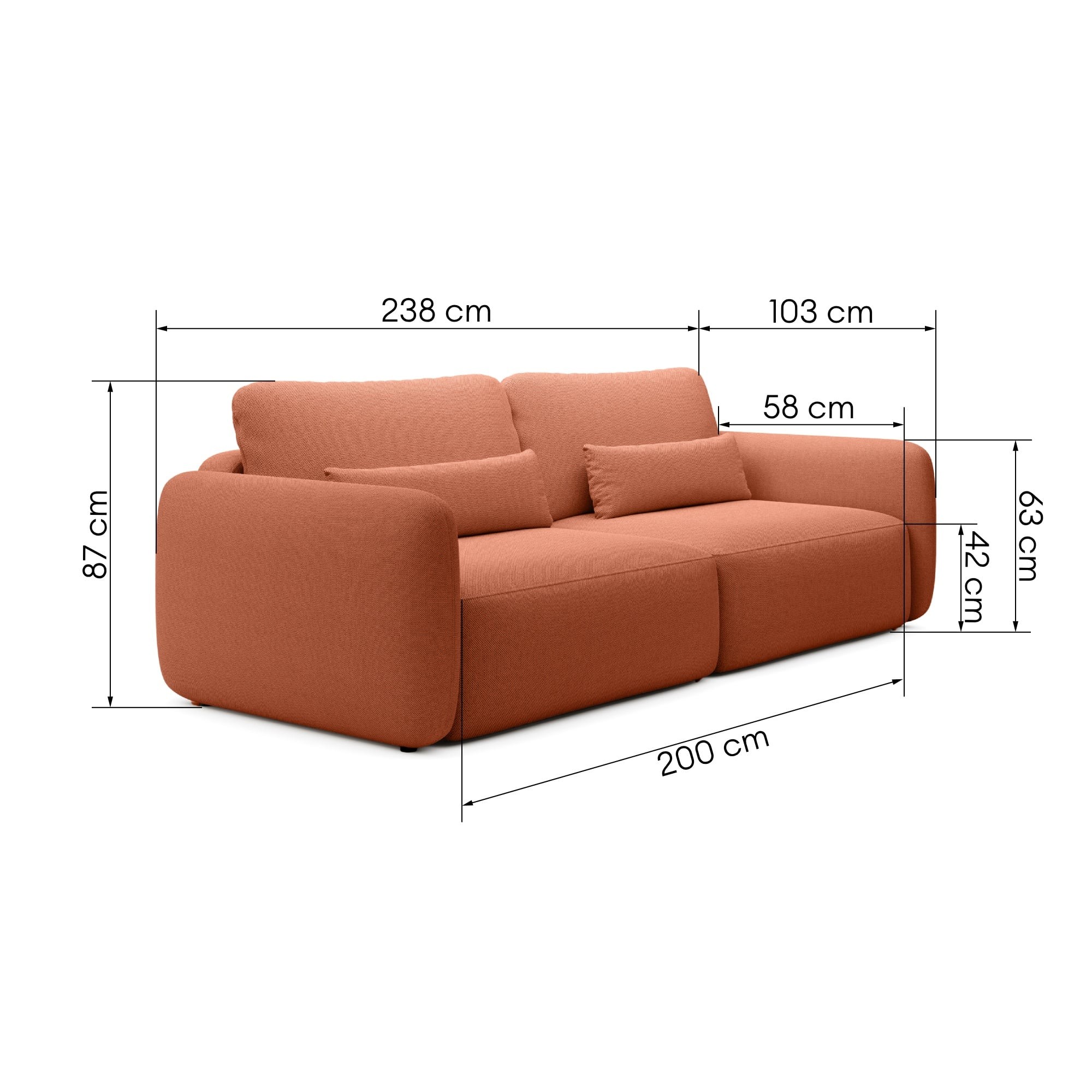 Sofa rozkładana Mossa z pojemnikiem, obłe kształty, miedziana