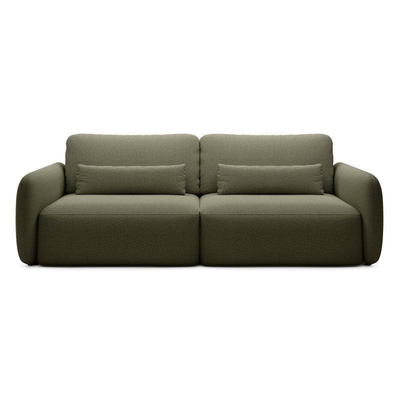 Sofa rozkładana Mossa z pojemnikiem, obłe kształty, ciemnozielona